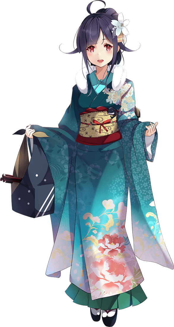 1girl ahoge blush flower full_body green_flower hair_flaps hair_flower hair_ornament japanese_clothes kantai_collection kimono kujou_ichiso long_hair long_sleeves magatama obi official_art open_mouth purple_hair red_eyes remodel_(kantai_collection) ryuuhou_(kantai_collection) sash smile solo tabi taigei_(kantai_collection) transparent_background wide_sleeves zouri