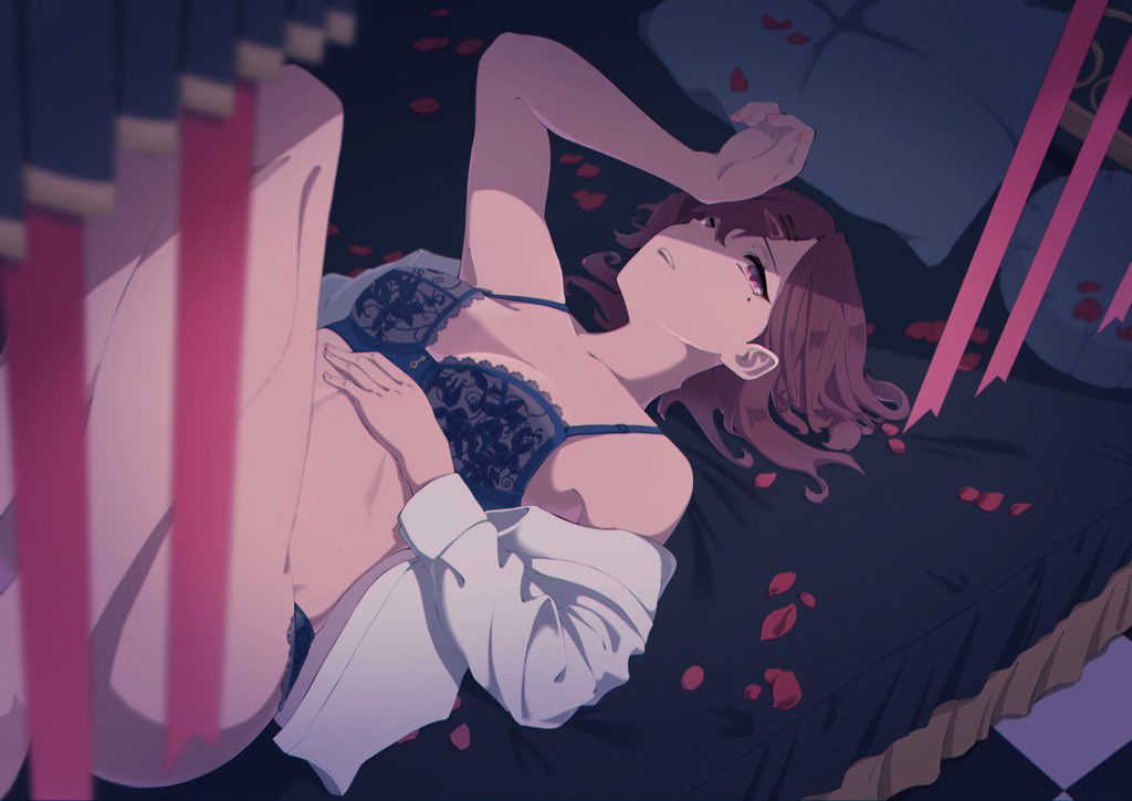 1girl arm_up bangs bed blue_bra blue_panties blurry blurry_foreground bra brown_hair clothes_removed commentary_request depth_of_field dress_shirt hair_ornament hairclip half-closed_eyes hand_on_own_head higuchi_madoka idolmaster idolmaster_shiny_colors indoors knees_up lace lace_bra lace_panties light_smile long_sleeves lying medium_hair mike_aki mole mole_under_eye off_shoulder on_back on_bed panties parted_lips petals shirt solo swept_bangs underwear underwear_only violet_eyes white_shirt