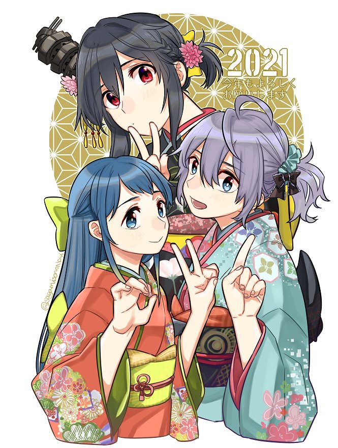 2021 3girls alternate_costume alternate_hairstyle aoba_(kantai_collection) bangs black_hair blue_eyes blue_hair blue_kimono bow commentary_request floral_print gradient_hair green_bow hair_bow hair_ornament japanese_clothes kantai_collection kimono long_hair looking_at_viewer multicolored_hair multiple_girls orange_kimono ponytail purple_hair red_eyes sagamiso samidare_(kantai_collection) scrunchie short_hair swept_bangs upper_body v very_long_hair yamashiro_(kantai_collection)