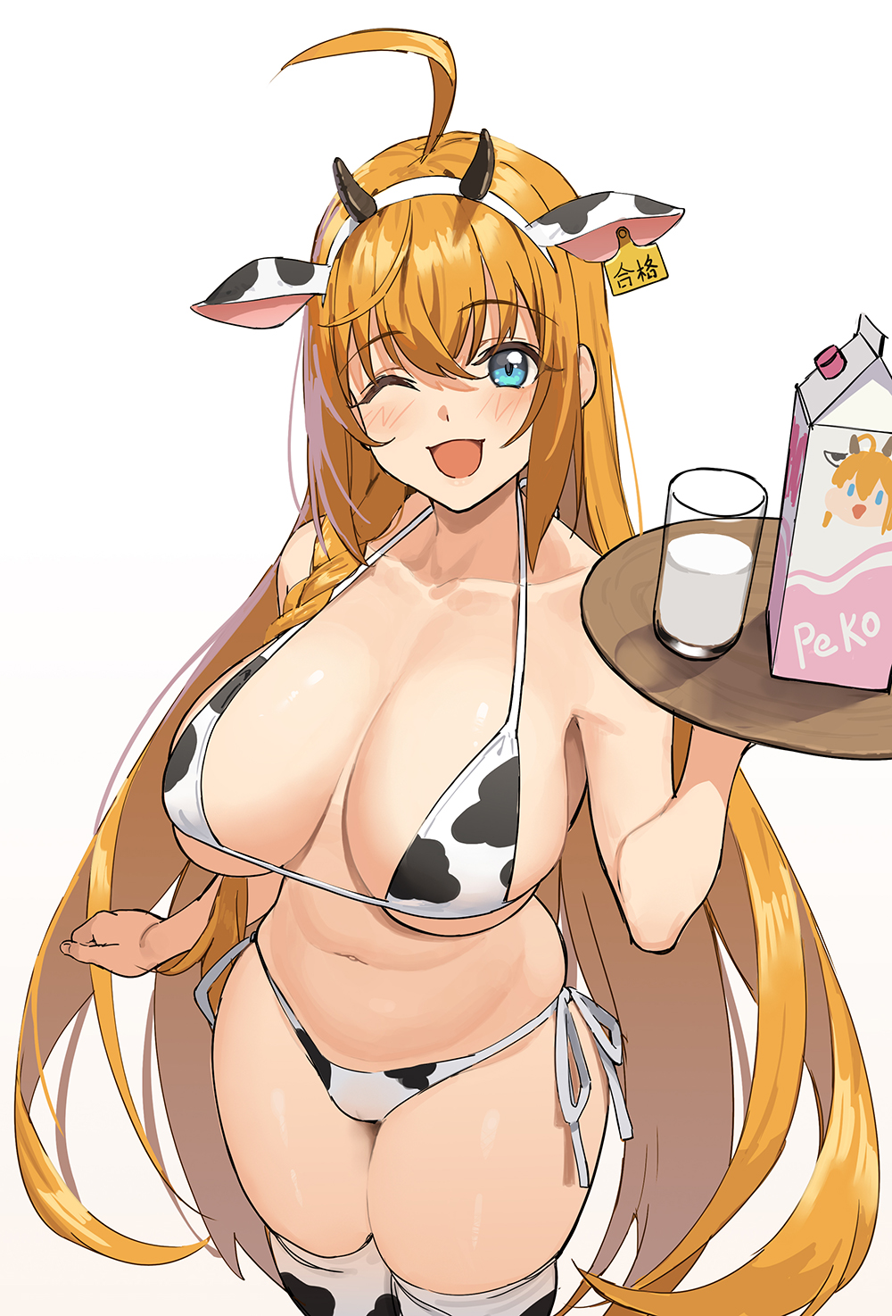 1girl ;d ahoge animal_ears animal_print aqua_eyes bikini blush breasts collarbone commentary_request cow_ears cow_horns cow_print ear_tag eyebrows_visible_through_hair fake_animal_ears glass gradient gradient_background hairband highres holding horns icarus_(632247131) large_breasts long_hair looking_at_viewer milk milk_carton navel one_eye_closed open_mouth orange_hair pecorine_(princess_connect!) princess_connect! princess_connect!_re:dive smile solo swimsuit thigh-highs very_long_hair white_background white_hairband white_legwear