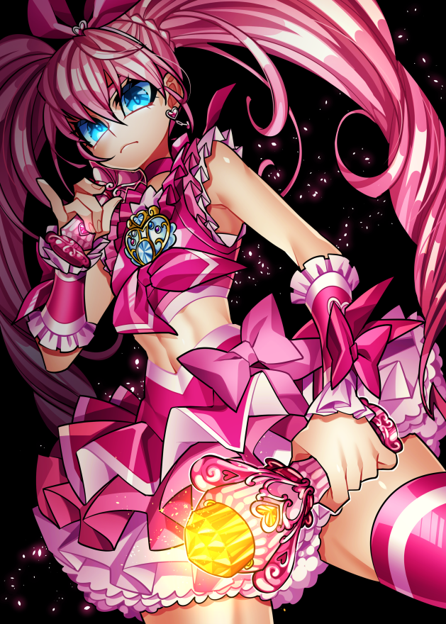 1girl black_background blue_eyes bow braid brooch choker closed_eyes cowboy_shot cure_melody curly_hair detached_sleeves earrings frilled_skirt frilled_sleeves frills frown glowing halter_top halterneck heart holding holding_wand houjou_hibiki jewelry long_hair looking_at_viewer magical_girl pink_hair precure senmu_(0107) short_sleeves simple_background skirt solo suite_precure twintails wand