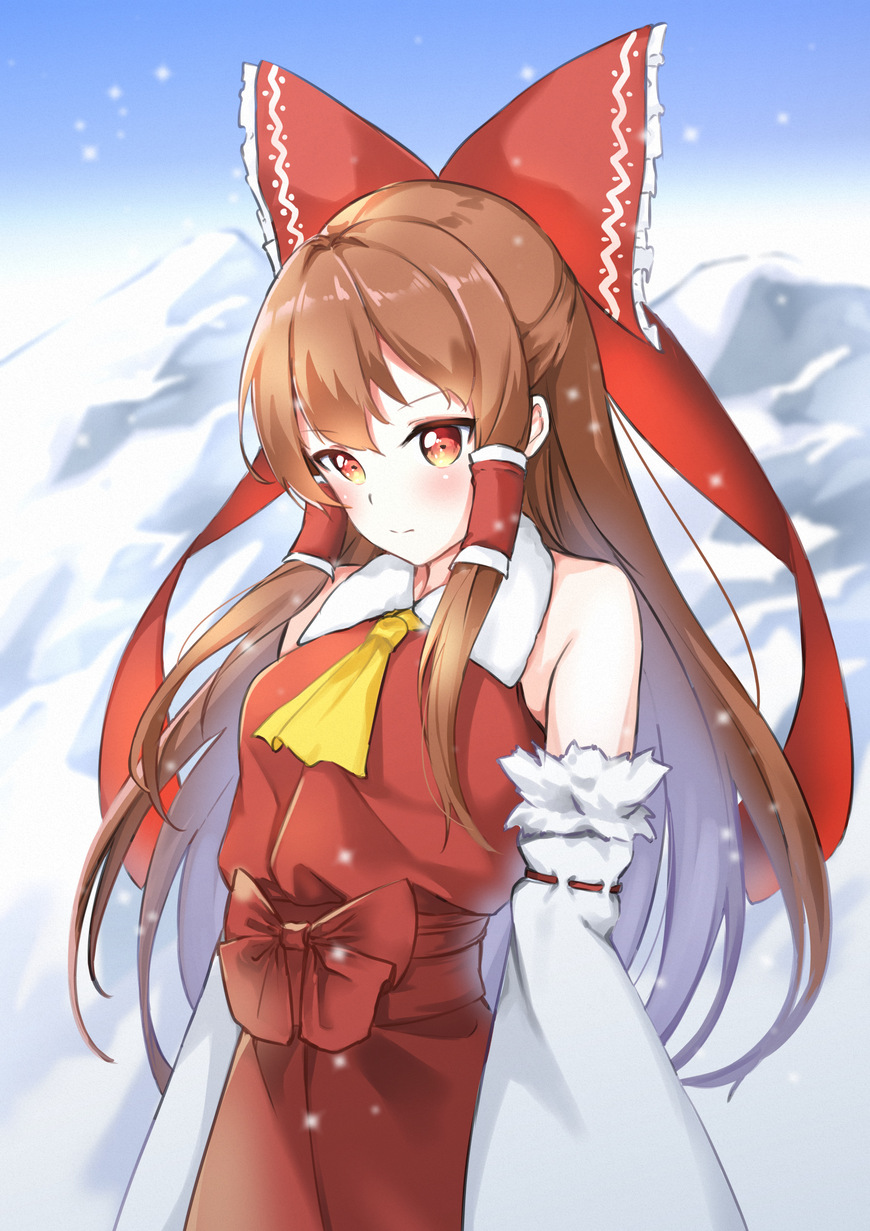 1girl ascot bangs bare_shoulders bow breasts brown_eyes brown_hair closed_mouth day detached_sleeves expressionless eyebrows_visible_through_hair gradient_sky hair_between_eyes hair_bow hair_tubes hakurei_reimu highres long_hair looking_ahead mojomaru mountain red_bow ribbon-trimmed_sleeves ribbon_trim sidelocks sky small_breasts snow solo standing touhou upper_body very_long_hair yellow_neckwear