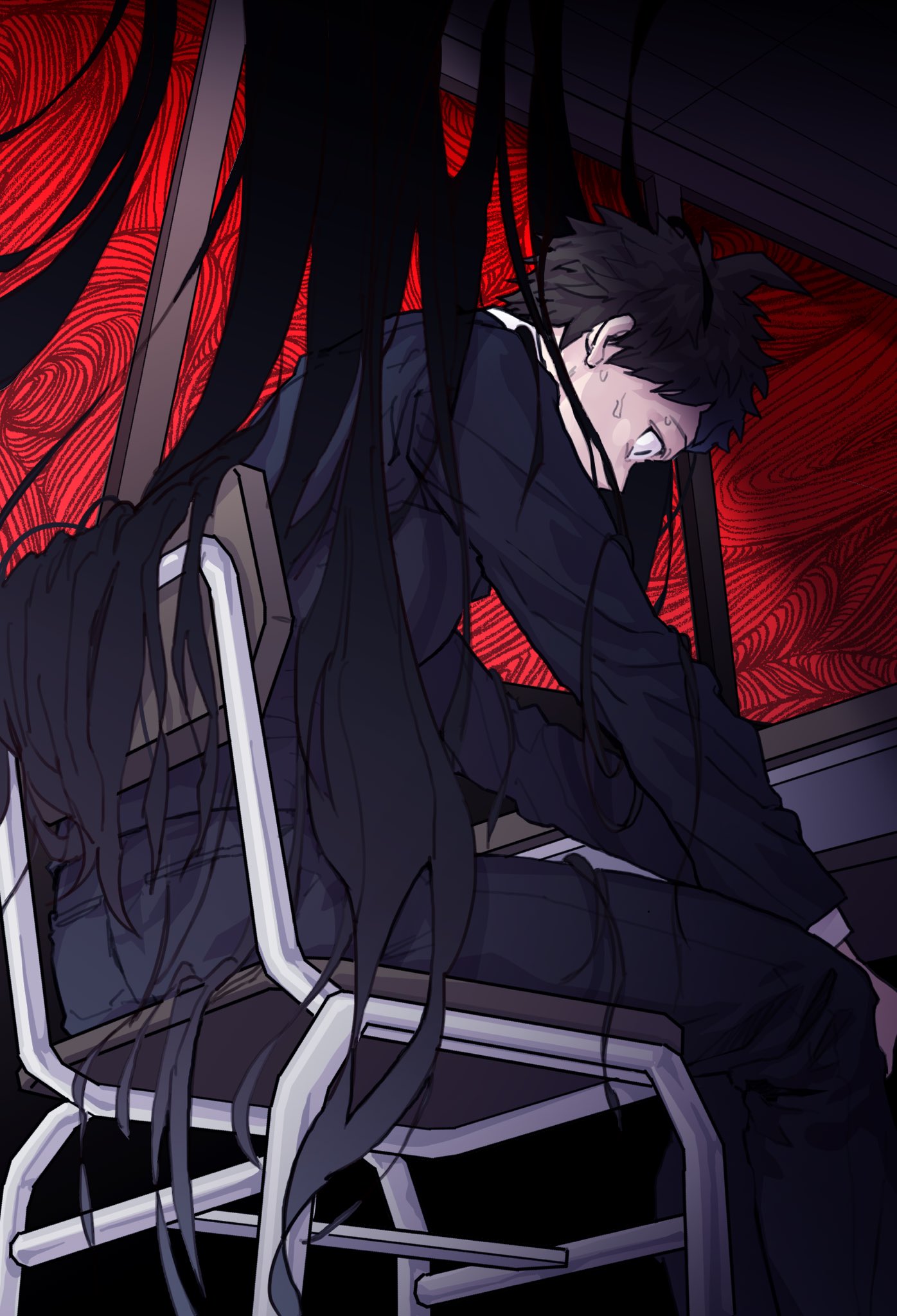 1boy ahoge bambi_(bam7752) bangs black_hair black_jacket black_pants brown_hair chair commentary_request dangan_ronpa_(series) dangan_ronpa_3_(anime) desk feet_out_of_frame from_side highres hinata_hajime jacket kamukura_izuru long_hair long_sleeves male_focus pants red_background school_chair school_desk short_hair sitting solo sweat