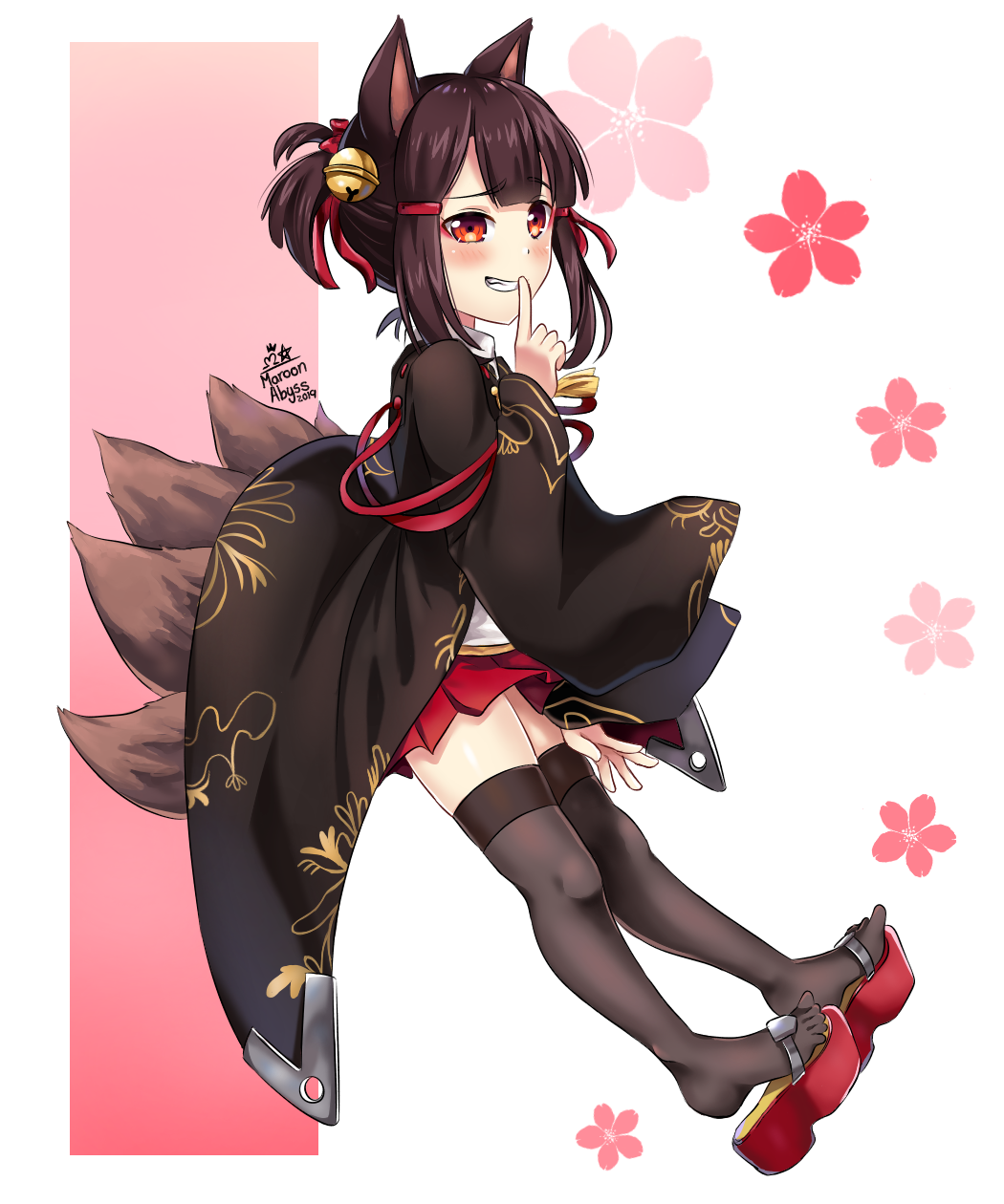 1girl :d akagi-chan_(azur_lane) animal_ears azur_lane bangs bell black_hair blunt_bangs bow cherry_blossom_print commentary eyebrows_visible_through_hair eyeshadow finger_to_mouth floral_print fox_ears fox_girl fox_tail full_body grin hair_bow hair_ornament hair_ribbon hairpin highres japanese_clothes kyuubi looking_at_viewer makeup maroonabyss multiple_tails open_mouth orange_eyes pleated_skirt red_skirt ribbon sidelocks signature skirt smile solo tail thigh-highs twintails wide_sleeves zettai_ryouiki