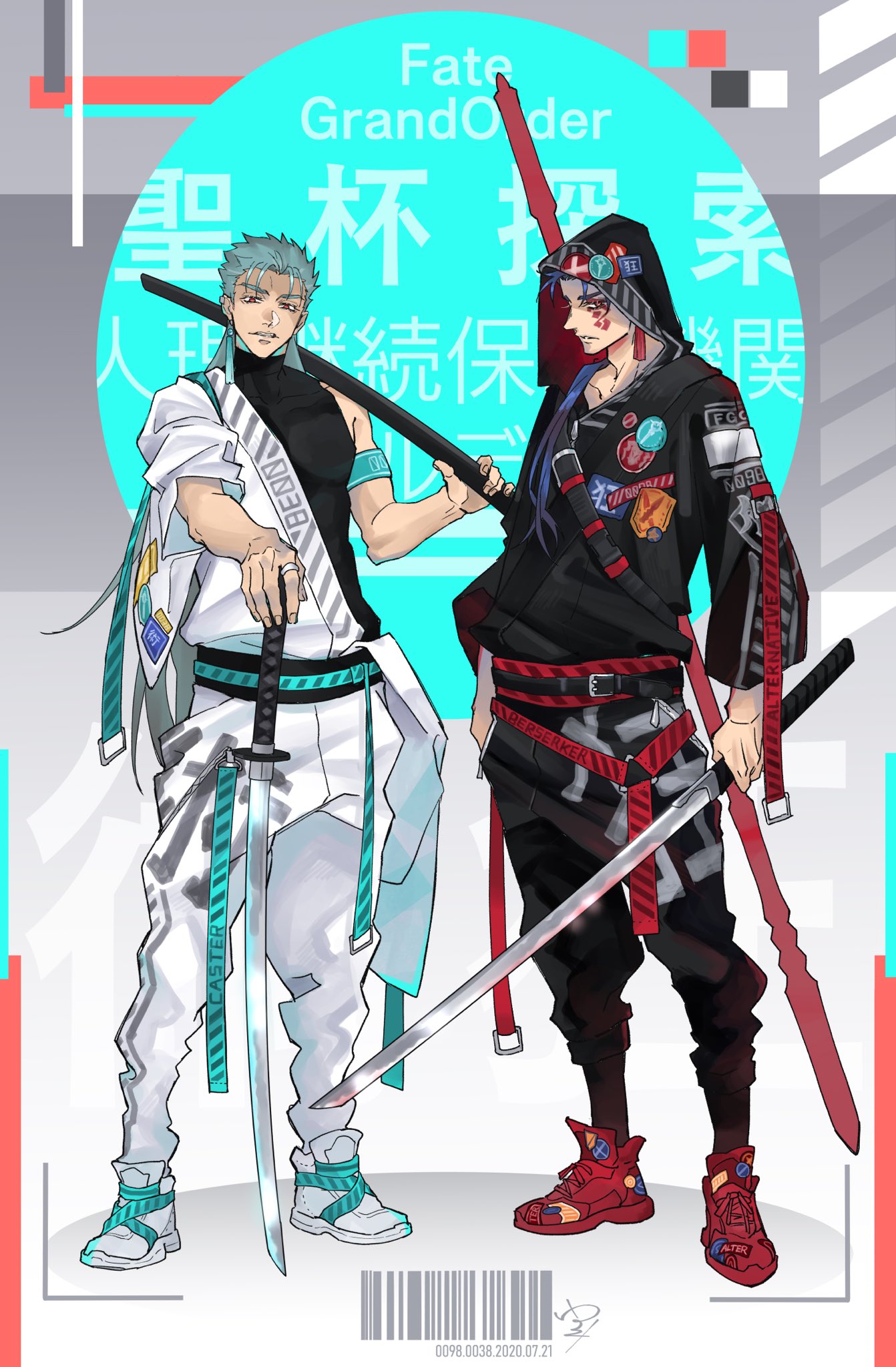 2boys alternate_costume alternate_weapon armband barcode belt blooming_yuki blue_hair closed_mouth cu_chulainn_(fate)_(all) cu_chulainn_(fate/grand_order) cu_chulainn_alter_(fate/grand_order) dark_persona earrings facepaint fate/grand_order fate_(series) full_body gae_bolg highres holding holding_sword holding_weapon hood hood_up jewelry jumpsuit katana long_hair looking_at_viewer male_focus multiple_boys multiple_persona patches ponytail red_eyes sheath shoes sneakers spiky_hair standing strap sword type-moon weapon