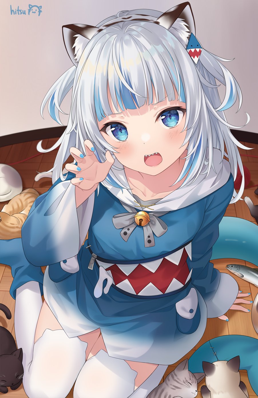 1girl :d animal animal_band_legwear animal_ear_fluff animal_ears arm_support bangs bell blue_eyes blue_footwear blue_hair blue_hoodie blue_nails blush boots cat cat_band_legwear cat_ears claw_pose commentary_request eyebrows_visible_through_hair fake_animal_ears fish_tail gawr_gura hair_ornament hairband hand_up highres hitsukuya hololive hololive_english hood hood_down hoodie jingle_bell long_hair long_sleeves looking_at_viewer multicolored_hair nail_polish on_floor open_mouth shark_tail sharp_teeth signature silver_hair sleeves_past_wrists smile solo streaked_hair tail teeth two_side_up virtual_youtuber white_legwear wide_sleeves wooden_floor yarn yarn_ball