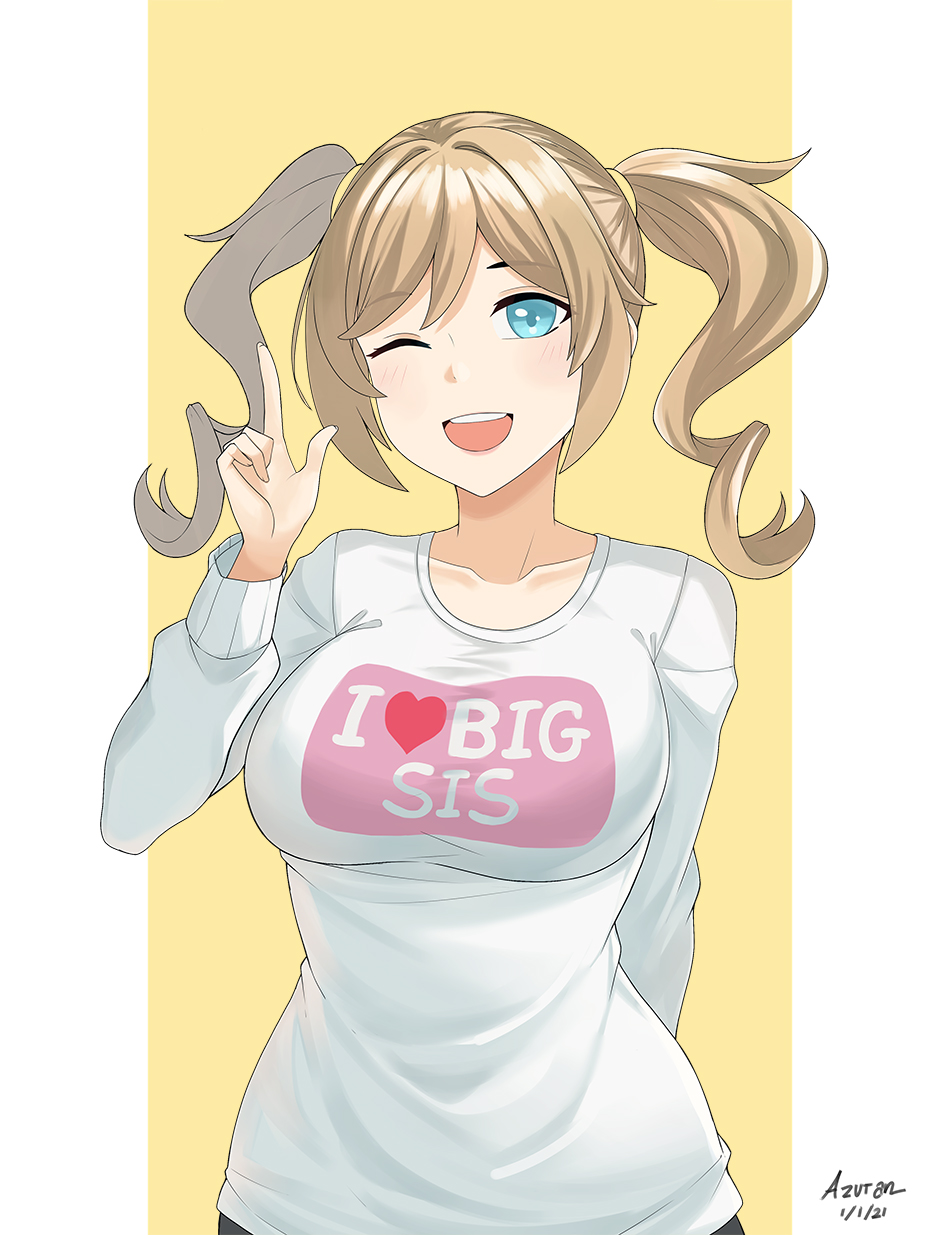 1girl ;d aori_sora barbara_(genshin_impact) blonde_hair blue_eyes blush breasts casual clothes_writing dated english_text genshin_impact heart highres long_sleeves looking_at_viewer medium_breasts new_year one_eye_closed open_mouth shirt signature smile solo t-shirt twintails white_shirt