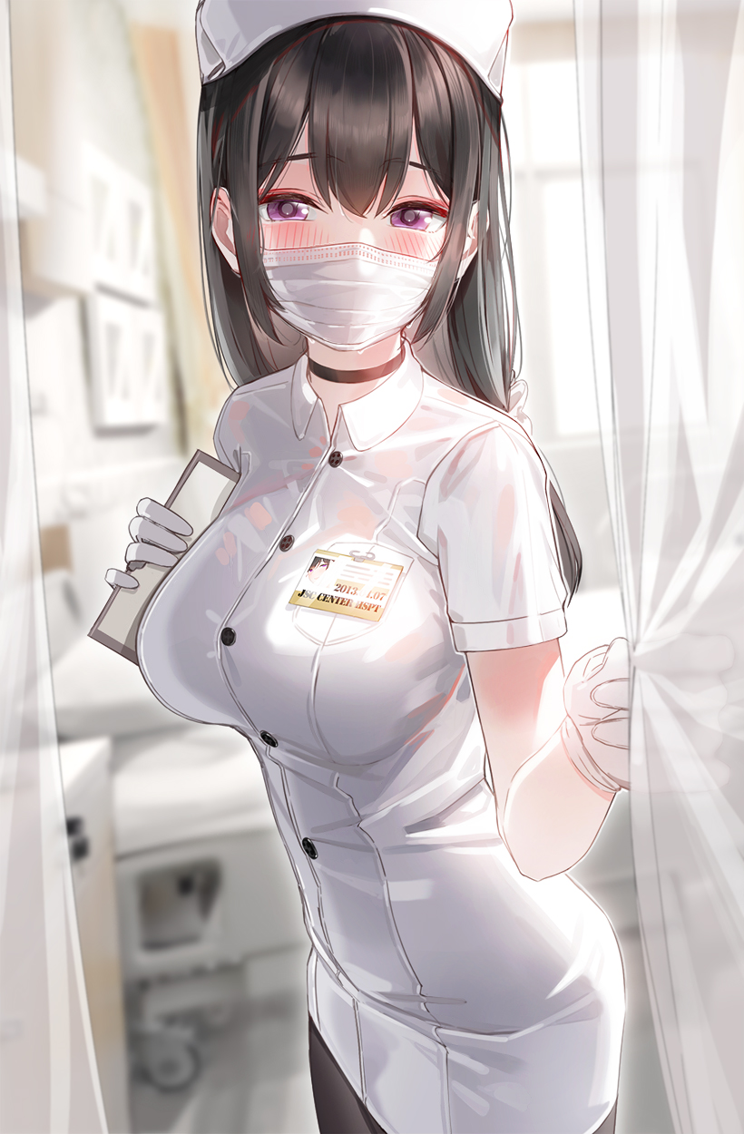 1girl bangs bed blush breasts brown_hair choker clipboard commentary_request feet_out_of_frame gloves hair_tie hat highres holding holding_clipboard hospital_bed id_card kfr large_breasts looking_at_viewer mask mouth_mask nurse nurse_cap original pantyhose sidelocks solo surgical_mask tied_hair uniform violet_eyes white_gloves