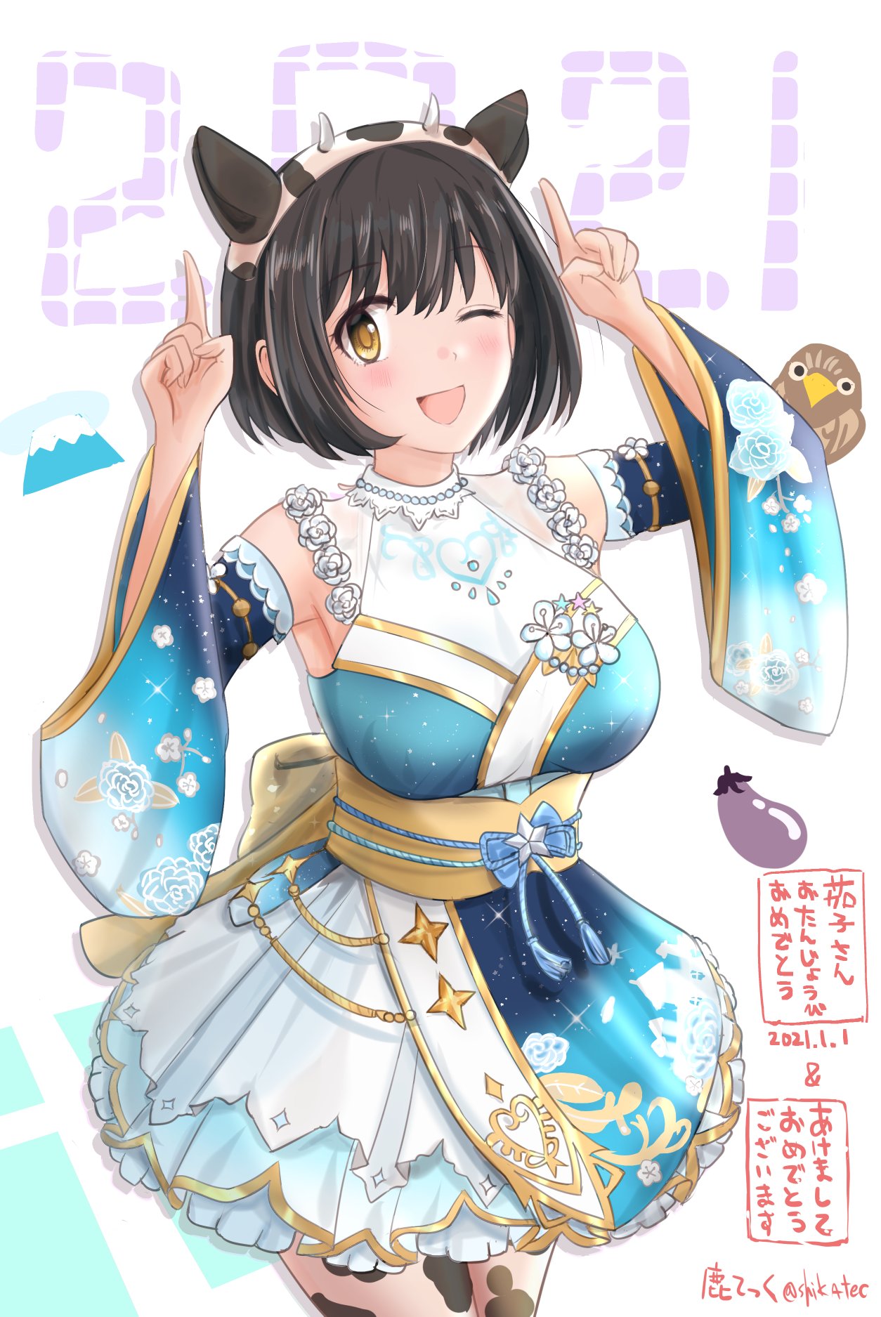 1girl animal_ears arms_up bird black_hair blue_kimono blush breasts chinese_zodiac cow_ears dated detached_sleeves eggplant happy_birthday happy_new_year hatsuyume hawk highres idol idolmaster idolmaster_cinderella_girls japanese_clothes kimono large_breasts looking_at_viewer miniskirt mount_fuji new_year obi one_eye_closed open_mouth sash shikamax2 short_hair skirt smile solo takafuji_kako twitter_username year_of_the_ox yellow_eyes