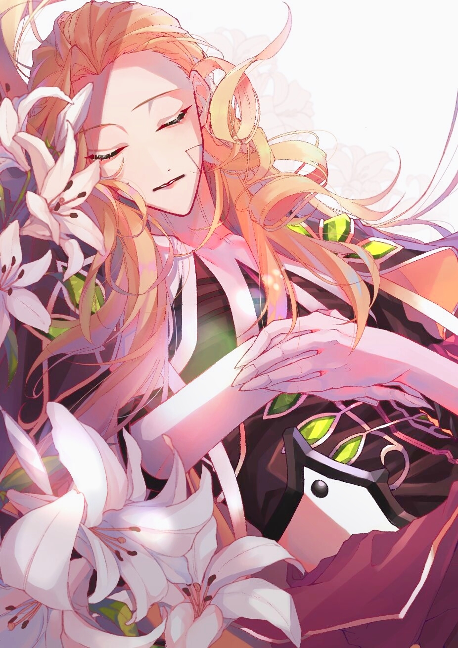 1boy blonde_hair closed_eyes fate/grand_order fate_(series) flower formal gloves green_eyes high_collar highres lily_(flower) long_hair long_sleeves male_focus mizuki_(mz) no_headwear own_hands_together sleeping solo upper_body very_long_hair white_gloves wolfgang_amadeus_mozart_(fate/grand_order)