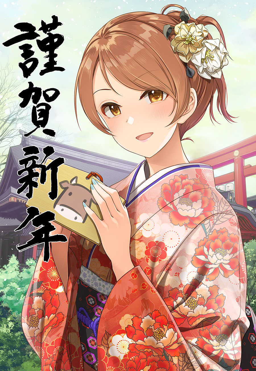 1girl :d bangs blue_nails blush brown_eyes brown_hair building chinese_zodiac commentary_request day ema eyebrows_visible_through_hair floral_print flower hair_flower hair_ornament highres holding houjou_karen idolmaster idolmaster_cinderella_girls japanese_clothes kimono looking_at_viewer mk_(mod0) nail_polish new_year obi open_mouth outdoors pink_kimono print_kimono sash short_hair smile solo swept_bangs torii translation_request upper_body white_flower year_of_the_ox