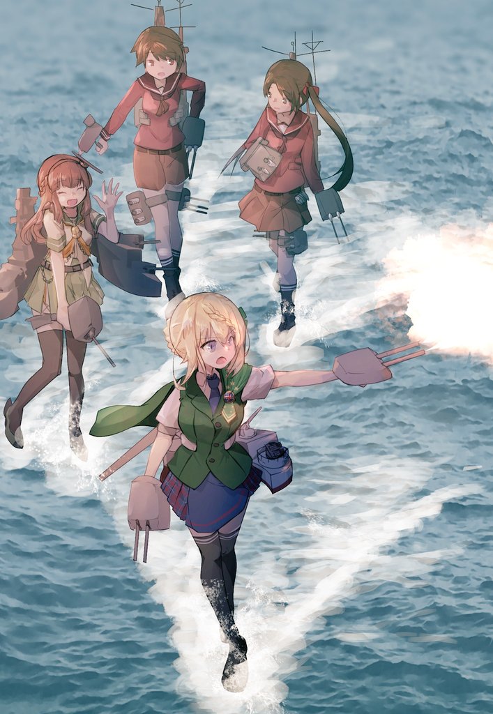 4girls adapted_turret bangs beige_serafuku beige_shirt black_hair black_legwear black_neckwear blonde_hair blue_neckwear blue_skirt blunt_bangs boots braid braided_bun brown_eyes brown_sailor_collar brown_serafuku brown_shorts cannon commentary_request de_ruyter_(kantai_collection) dress_shirt green_sailor_collar green_vest kantai_collection kneehighs long_hair long_sleeves machinery mikuma_(kantai_collection) mogami_(kantai_collection) multiple_girls neckerchief necktie orange_neckwear over_water perth_(kantai_collection) plaid plaid_skirt pleated_skirt redhead sailor_collar sailor_shirt school_uniform serafuku shirt short_hair short_sleeves shorts side_braid skirt swept_bangs thigh-highs turret twintails vest wavy_hair white_shirt yuuki_ijyyel