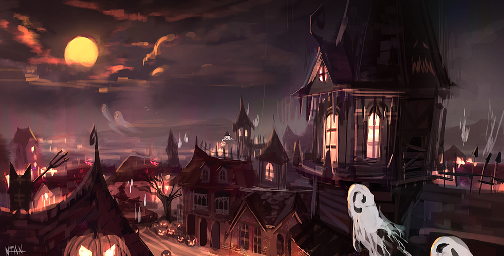 bare_tree building clouds cloudy_sky commentary_request darkhikari demon deviruchi from_behind full_body ghost ghostring glowing house jack-o'-lantern moon night no_humans pitchfork pumpkin ragnarok_online scenery signature sky tower town tree window