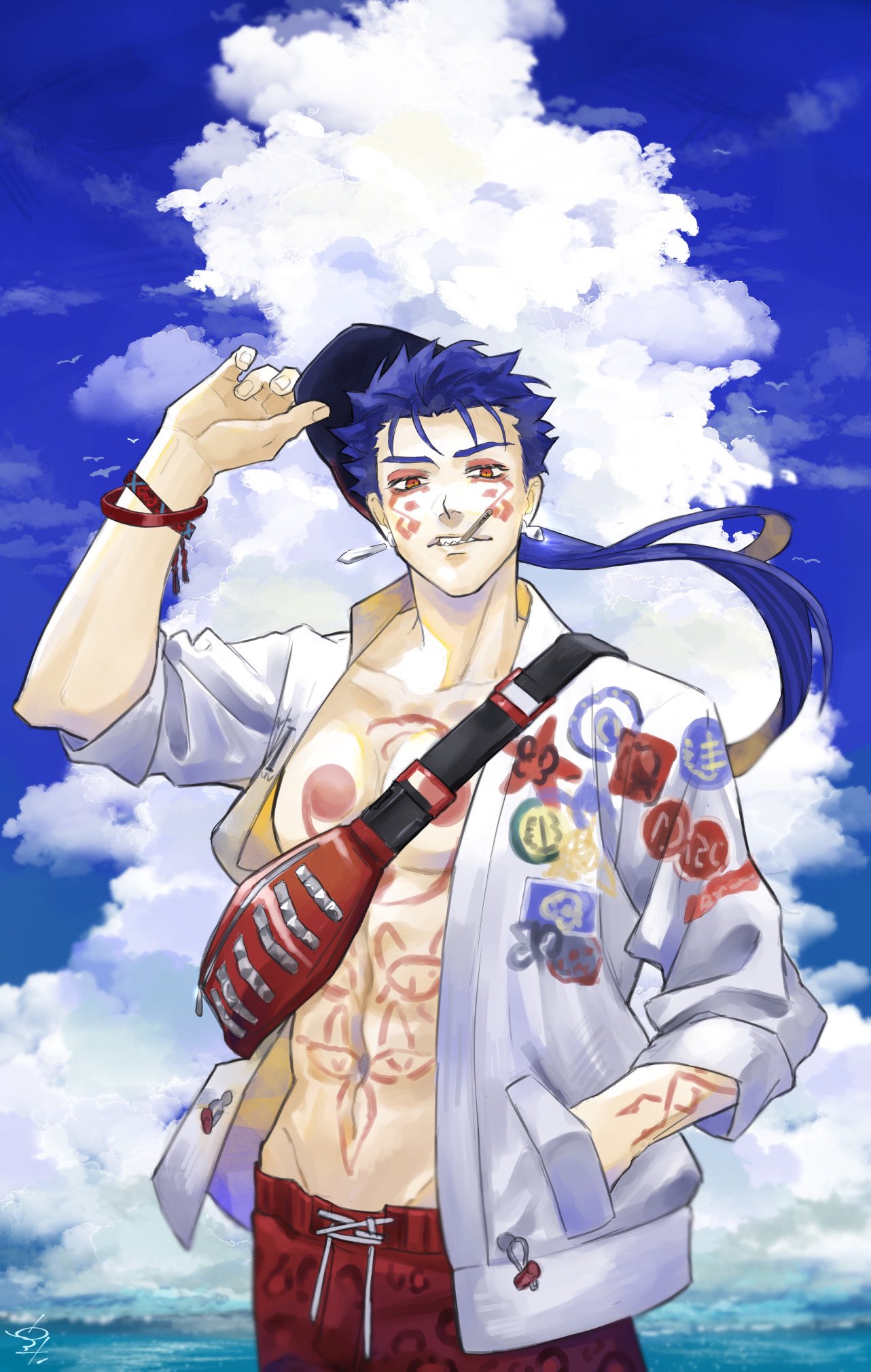 1boy alternate_costume blooming_yuki blue_hair bodypaint bracelet closed_mouth clouds cu_chulainn_(fate)_(all) cu_chulainn_alter_(fate/grand_order) dark_persona earrings expressionless facepaint fate/grand_order fate_(series) hand_in_pocket highres jewelry long_hair looking_at_viewer male_focus male_swimwear muscular open_clothes open_shirt ponytail red_eyes removing_hat sharp_teeth short_sleeves sky solo spiky_hair swim_trunks swimwear teeth type-moon under_the_same_sky