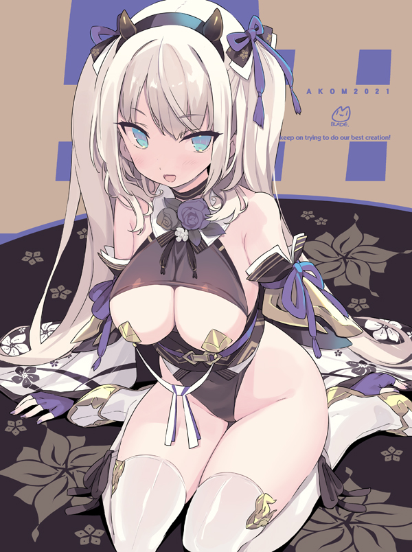 1girl blade_(galaxist) blue_eyes breasts copyright_request cow_horns detached_sleeves fingerless_gloves gloves hair_ribbon horns long_hair looking_at_viewer medium_breasts open_mouth purple_gloves purple_ribbon ribbon sitting smile solo thigh-highs wariza white_hair white_legwear
