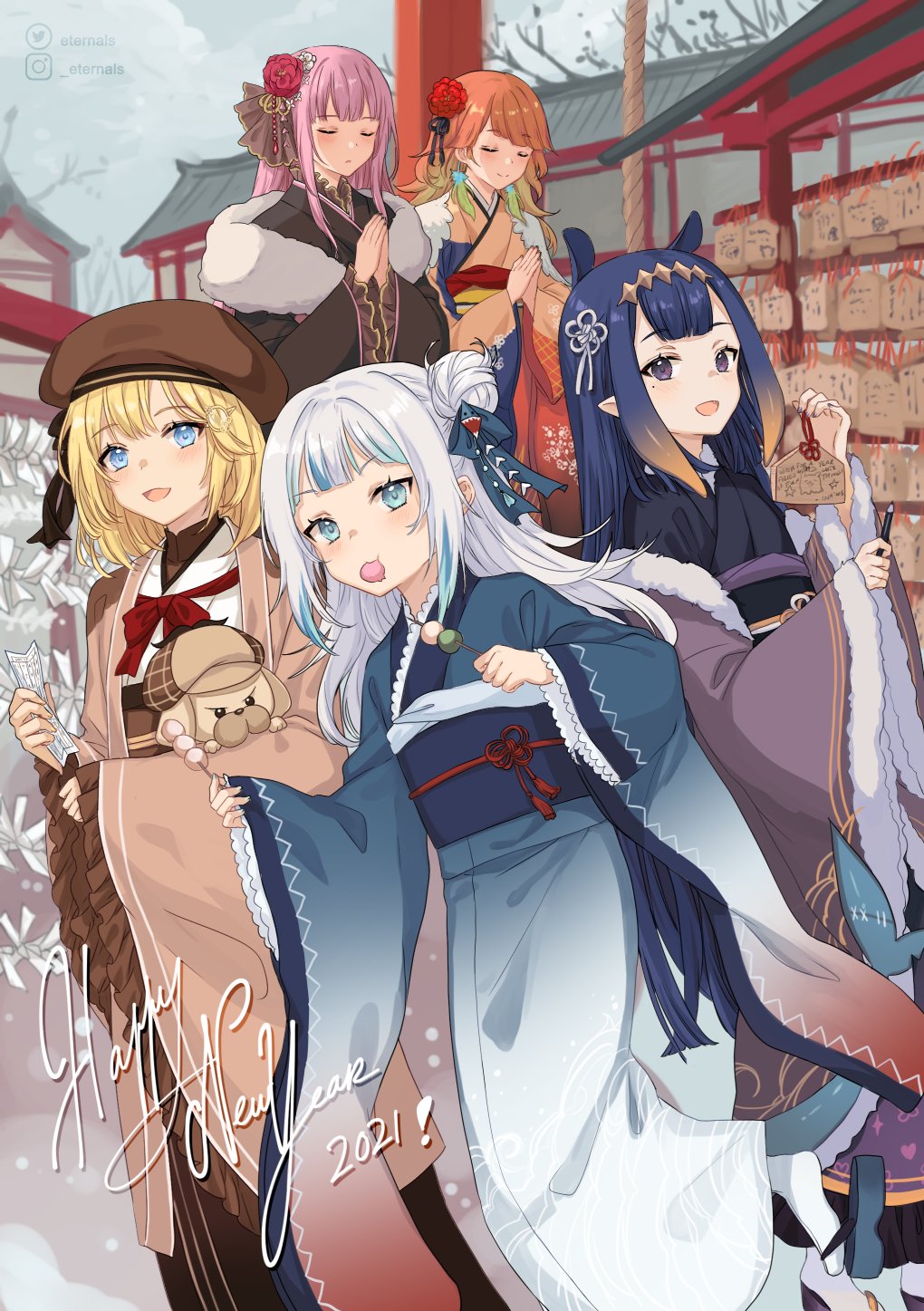 2021 5girls adapted_costume alternate_costume alternate_hairstyle beret black_kimono black_nails blonde_hair blue_eyes blue_footwear blue_hair blue_kimono blue_nails blush brown_headwear brown_kimono bubba_(watson_amelia) closed_eyes closed_mouth commentary cowboy_shot dango earrings eating ema extra_ears eyebrows_visible_through_hair feather_earrings feathers fish_tail flower food fur-trimmed_kimono fur_trim furisode gawr_gura gear_hair_ornament geta gradient_hair hair_flower hair_ornament hair_ribbon hands_together happy_new_year hat hatsumoude highres hololive hololive_english instagram_username japanese_clothes jewelry kimono long_hair looking_at_viewer mole mole_under_eye mori_calliope mouth_hold multicolored_hair multiple_girls nail_polish new_year ninomae_ina'nis obi omikuji open_mouth orange_hair orange_kimono orange_nails palms_together pink_hair pointy_ears praying purple_hair purple_kimono ribbon sash shark_hair_ornament shark_tail short_hair shrine side_bun silver_hair smile streaked_hair tail takanashi_kiara tako_(ninomae_ina'nis) ten-chan_(eternal_s) tentacle_hair tiara twitter_username violet_eyes virtual_youtuber wagashi watson_amelia wide_sleeves