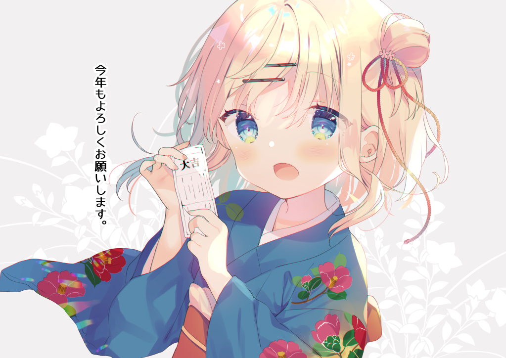 1girl :d bangs blonde_hair blue_eyes blue_kimono commentary_request eyebrows_visible_through_hair floral_print grey_background hair_between_eyes hair_bun hair_ornament hairclip hands_up holding japanese_clothes kimono long_hair long_sleeves looking_at_viewer mayu_(yuizaki_kazuya) obi omikuji open_mouth original print_kimono sash side_bun smile solo translation_request upper_body wide_sleeves yuizaki_kazuya