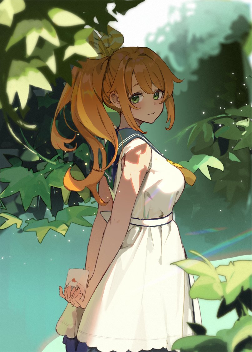 1girl arms_behind_back bangs blonde_hair blurry blurry_background blurry_foreground branch closed_mouth commentary_request dappled_sunlight day depth_of_field dress from_side green_eyes hair_ribbon heart holding holding_letter leaf letter light_particles long_hair looking_at_viewer love_letter medium_dress original outdoors ponytail ribbon sailor_dress seinen sleeveless sleeveless_dress smile solo standing sunlight tree white_dress yellow_ribbon