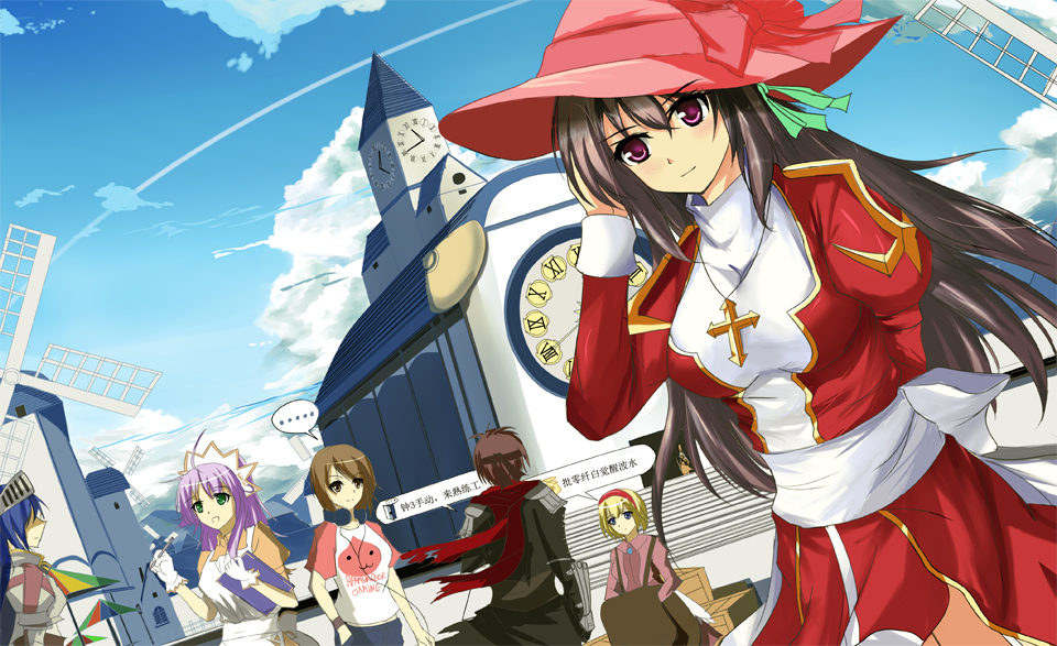 2boys 4girls :3 ahoge apron armor assassin_cross_(ragnarok_online) bangs black_cape black_hair black_shirt blonde_hair blue_hair bow box breastplate breasts brown_dress brown_eyes brown_hair cape chinese_commentary clipboard clock clock_tower closed_mouth clothes_writing clouds commentary_request cowboy_shot dress eyebrows_visible_through_hair gloves green_eyes hair_between_eyes hairband hand_in_hair hat hat_bow headphones helmet high_priest_(ragnarok_online) holding holding_clipboard juliet_sleeves kafra_uniform kneeling long_hair long_sleeves looking_at_another looking_at_viewer looking_to_the_side lord_knight_(ragnarok_online) maid_headdress medium_breasts merchant_(ragnarok_online) multiple_boys multiple_girls open_mouth pauldrons pavianne_(ragnarok_online) pink_bow pink_headwear poring puffy_short_sleeves puffy_sleeves purple_hair raglan_sleeves ragnarok_online red_dress red_hairband red_scarf roman_numeral sash scarf scenery shaded_face shirt short_hair short_sleeves shoulder_armor sky stairs standing t-shirt tianyu_jifeng torn_cape torn_clothes torn_scarf tower two-tone_dress umbrella upper_body violet_eyes waist_cape white_apron white_bow white_dress white_gloves white_sash white_shirt windmill witch_hat