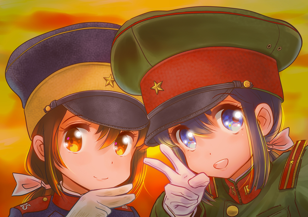 2girls black_hair blue_eyes bow brown_eyes brown_hair clouds epaulettes gloves hair_bow hand_up hat imperial_japanese_army looking_at_viewer m_tap military military_uniform multiple_girls open_mouth original peaked_cap ponytail sidelocks sky smile soldier sunset uniform upper_body world_war_ii