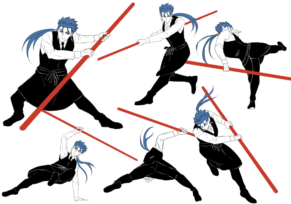 1boy alternate_costume apron blue_hair collared_shirt cu_chulainn_(fate)_(all) earrings fate/stay_night fate_(series) fighting_stance floating_hair full_body gae_bolg grin holding holding_polearm holding_weapon jewelry kicking lancer long_hair male_focus multiple_views necktie polearm ponytail red_eyes ruuto_(ruto3) shirt simple_background smile spiky_hair type-moon vest waiter weapon white_background