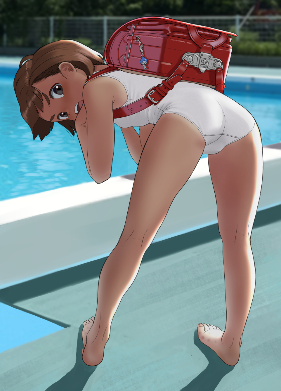 1girl ass backpack bag bare_arms bare_legs bare_shoulders barefoot bent_over blush breasts brown_eyes brown_hair child commentary_request crocs from_behind full_body hat highres legs looking_at_viewer looking_back mu-pyon one-piece_swimsuit open_mouth original outdoors pool randoseru red_footwear shoes short_hair small_breasts solo swimsuit tan tanline twitter_username uwabaki