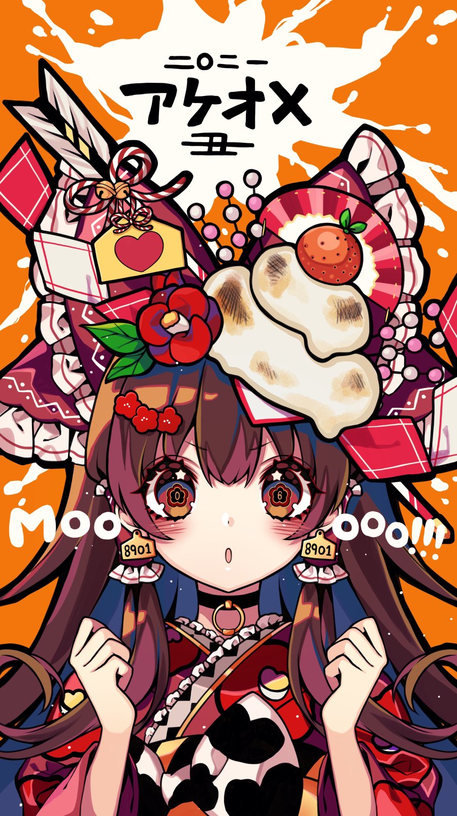 1girl 2021 akeome alternate_costume animal_print arrow_(projectile) bell black_choker blush bow brown_eyes brown_hair chinese_zodiac choker commentary_request cow_print ear_tag ema flower flower-shaped_pupils food fruit hair_flower hair_ornament hair_tubes hakurei_reimu hamaya happy_new_year highres japanese_clothes jingle_bell kagami_mochi kimono kyouda_suzuka long_hair looking_at_viewer mandarin_orange new_year number_pun object_on_head orange_background red_bow red_kimono simple_background solo star_(symbol) star_in_eye symbol_in_eye too_many touhou translation_request year_of_the_ox