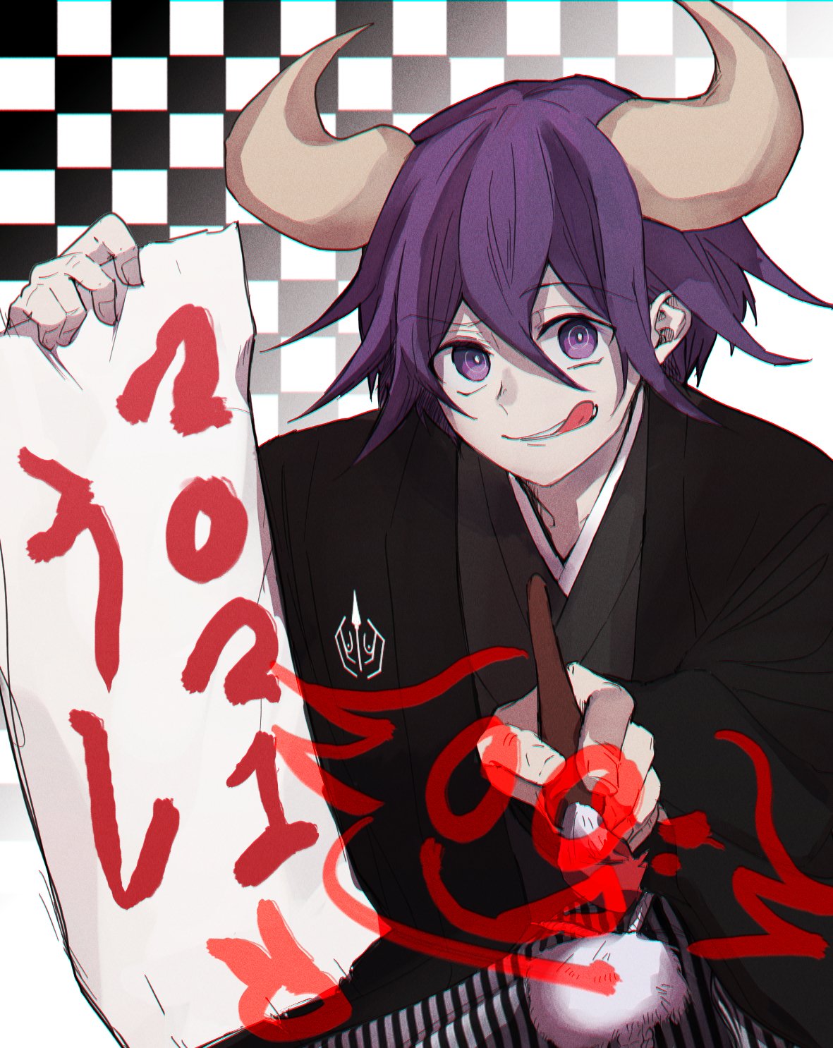 1boy 2021 :q bangs black_background breasts calligraphy_brush checkered checkered_background commentary_request dangan_ronpa_(series) dangan_ronpa_v3:_killing_harmony gradient gradient_background hair_between_eyes hand_up highres holding holding_paintbrush horns japanese_clothes kimono kitsunebi_v3kokonn long_sleeves looking_at_viewer male_focus medium_breasts medium_hair ouma_kokichi paintbrush purple_hair smile solo teeth tongue tongue_out upper_body violet_eyes white_background