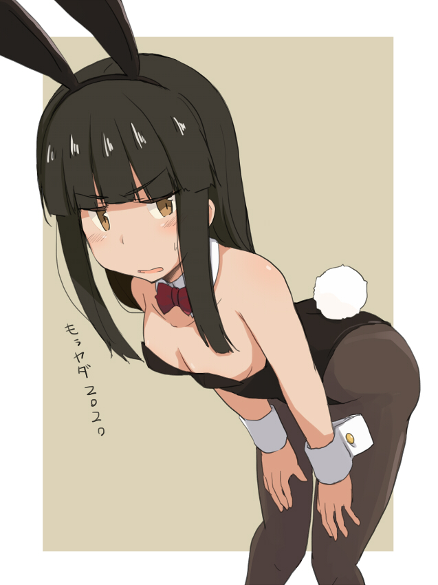 1girl animal_ears black_legwear black_leotard border bow bowtie brown_background bunny_tail commentary_request detached_collar feet_out_of_frame hands_on_own_knees hatsuyuki_(kantai_collection) kantai_collection kugui_kiyunemu leaning_forward leotard looking_at_viewer pantyhose playboy_bunny rabbit_ears red_neckwear solo strapless strapless_leotard tail translation_request two-tone_background white_border wrist_cuffs