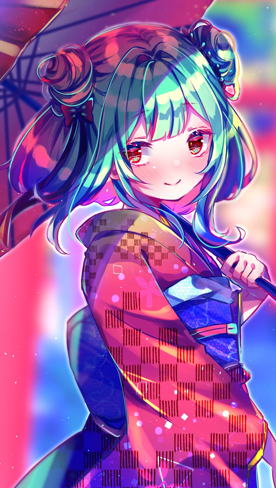 1girl animal_print aqua_hair bangs black_bow blurry blurry_background blush bow bug butterfly butterfly_print commentary_request eyebrows_visible_through_hair green_butterfly hair_bun hair_ornament highres hololive hololive_fantasy insect japanese_clothes kimono obi patterned_clothing red_eyes red_kimono red_umbrella sash short_hair smile solo umbrella uruha_rushia virtual_youtuber yorumikan