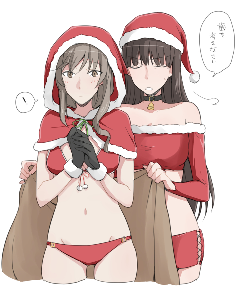 ! 2girls =3 bangs barefoot bell bell_choker bikini black_choker black_gloves black_hair blunt_bangs brown_eyes brown_hair capelet choker christmas closed_mouth commentary crop_top cropped_legs eyebrows_visible_through_hair fur-trimmed_capelet fur_trim girls_und_panzer girls_und_panzer_senshadou_daisakusen! gloves hands_together hat holding_blanket hood hood_up hooded_capelet lace-up light_frown long_hair long_sleeves looking_at_viewer mature medium_hair micro_shorts multiple_girls navel nishizumi_shiho o-ring o-ring_bikini off-shoulder_shirt off_shoulder official_alternate_costume red_bikini red_capelet red_headwear red_shirt red_shorts santa_bikini santa_costume santa_hat shimada_chiyo shirt shorts sigh simple_background spoken_exclamation_mark standing straight_hair sweatdrop swimsuit translated white_background yuri yuuhi_(arcadia)
