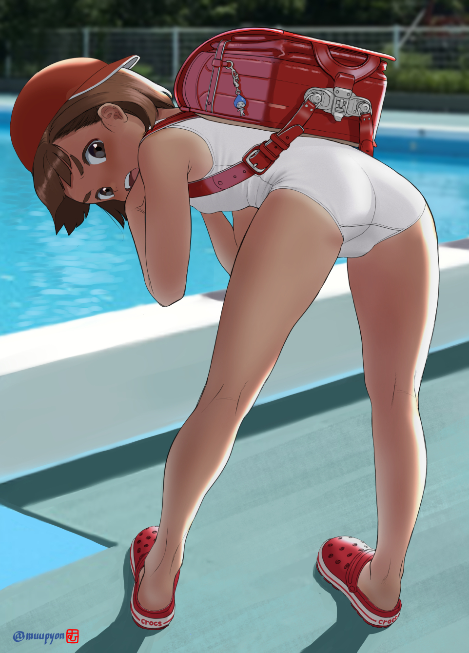 1girl ass backpack bag bare_arms bare_legs bare_shoulders bent_over blush breasts brown_eyes brown_hair child commentary_request crocs from_behind full_body hat highres legs looking_at_viewer looking_back mu-pyon one-piece_swimsuit open_mouth original outdoors pool randoseru red_footwear shoes short_hair small_breasts solo swimsuit tan tanline twitter_username uwabaki white_swimsuit