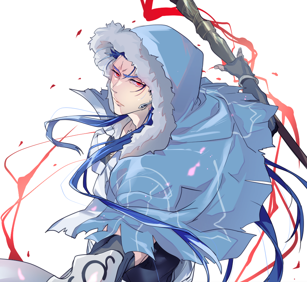 1boy angry blue_hair bracelet capelet closed_mouth cu_chulainn_(fate)_(all) cu_chulainn_(fate/grand_order) earrings elbow_gloves fate/grand_order fate_(series) fingerless_gloves floating_hair fur-trimmed_hood fur_trim gloves hood hood_up hooded_capelet jewelry long_hair male_focus nozawa red_eyes simple_background skin_tight solo staff type-moon vambraces white_background