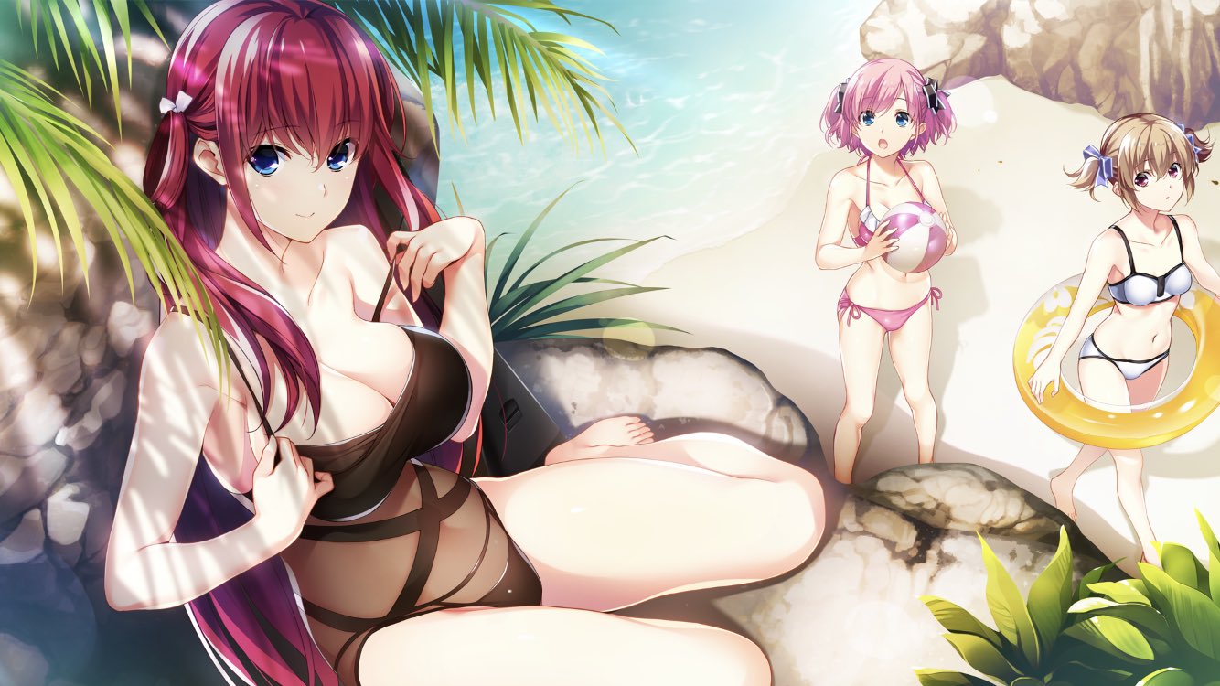 3girls artist_request ball barefoot beach beachball bikini black_ribbon black_swimsuit blue_eyes blue_ribbon brown_hair bush frilled_bikini frills grisaia_(series) grisaia_chronos_rebellion hair_ribbon innertube irisu_makina komine_sachi leaf light_rays looking_at_viewer multiple_girls open_mouth palm_tree pink_bikini pink_hair purple_hair ribbon rock sand see-through shade shadow shore short_twintails sitting smile source_request strap_pull suou_amane swimsuit tree twintails violet_eyes wariza water white_bikini white_ribbon yellow_innertube