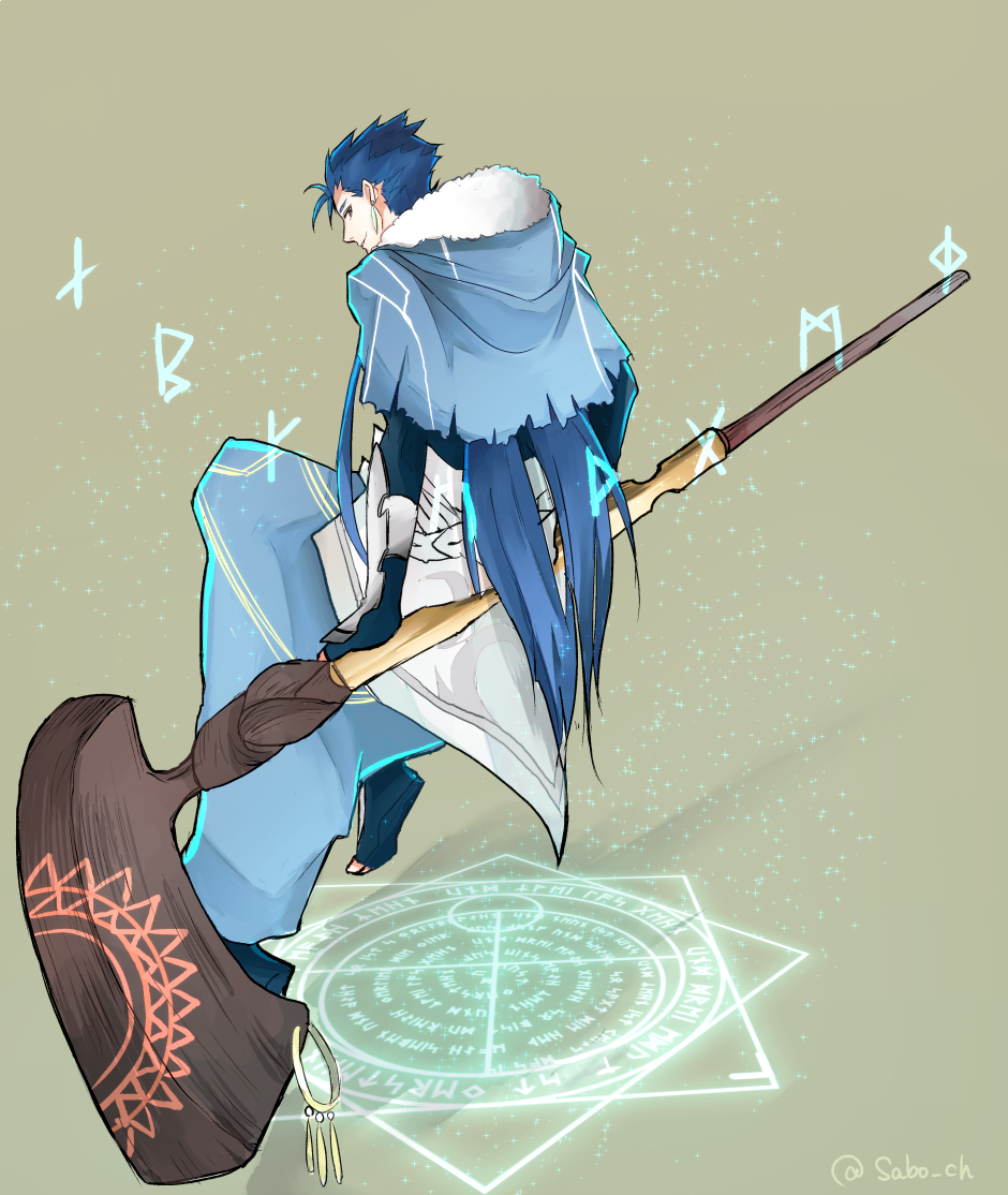 1boy back belt blue_hair capelet cu_chulainn_(fate)_(all) cu_chulainn_(fate/grand_order) earrings fate/grand_order fate_(series) floating from_behind full_body fur-trimmed_hood fur_trim hood hood_down hooded_capelet jewelry long_hair looking_at_viewer looking_back magic_circle male_focus red_eyes runes sabo_ch smile solo spiky_hair staff type-moon vambraces wooden_staff