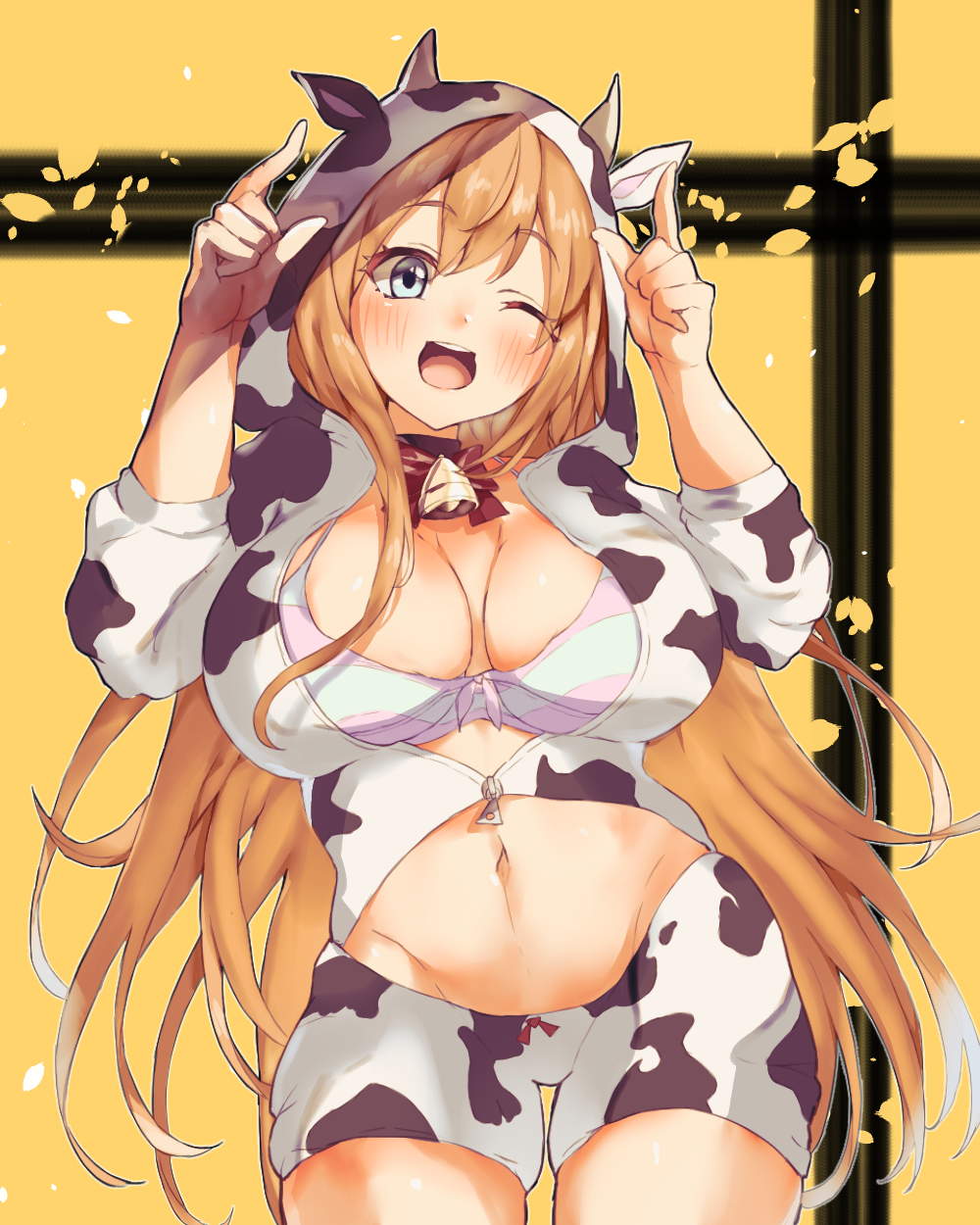 1girl ;d animal_print bell bell_choker bikini blue_eyes bow bowtie breasts choker commentary_request cow_hood cow_horns cow_print eyebrows_visible_through_hair hands_up highres hood hooded_jacket horns index_finger_raised jacket junmaachi large_breasts long_hair navel one_eye_closed open_mouth orange_hair pecorine_(princess_connect!) princess_connect! princess_connect!_re:dive red_neckwear smile solo striped striped_bikini swimsuit thighs yellow_background