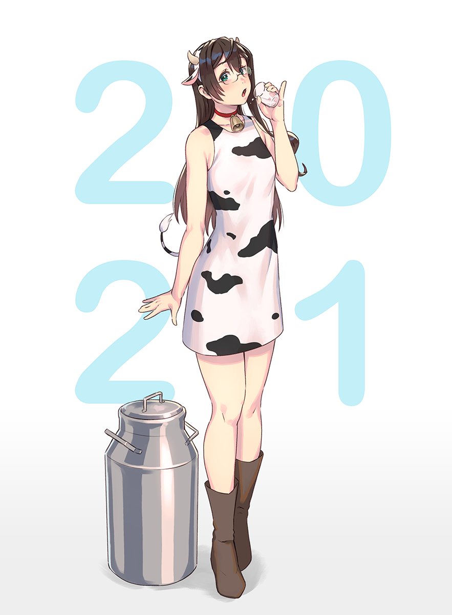 1girl 2021 animal_ears animal_print bell black_hair boots brown_footwear cow_ears cow_girl cow_horns cow_print cowbell cup drinking_glass glasses gradient gradient_background green_eyes hair_between_eyes highres holding holding_cup horns kantai_collection long_hair milk ooyodo_(kantai_collection) open_mouth solo white_background yuuji_(and)
