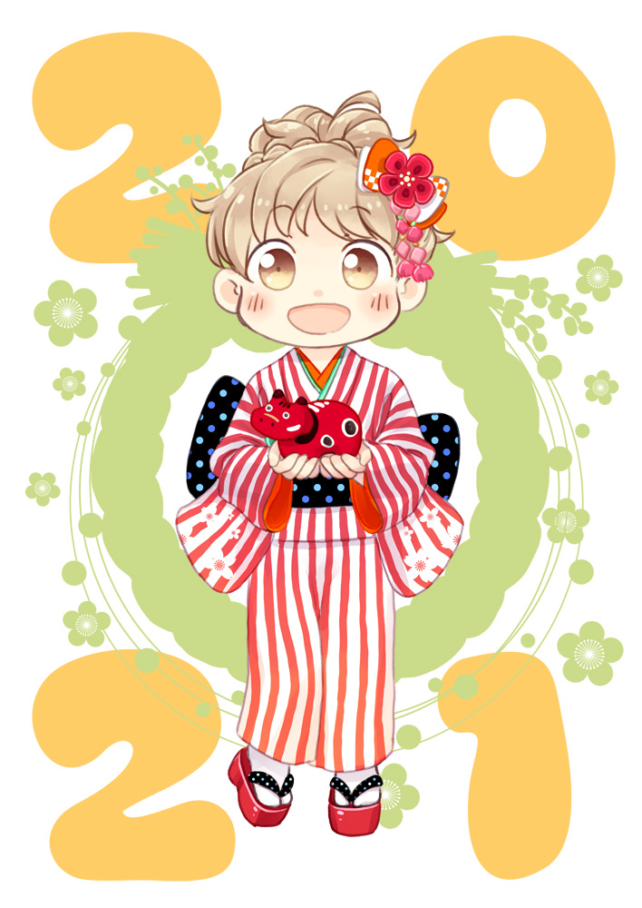 1girl 2021 :d bangs blush_stickers bow brown_eyes brown_hair commentary_request eyebrows_visible_through_hair flower full_body hair_bow hair_flower hair_ornament hinata_yuu holding japanese_clothes kimono long_sleeves looking_at_viewer new_year obi okobo open_mouth original sash smile socks solo standing striped striped_kimono tied_hair white_background white_legwear wide_sleeves