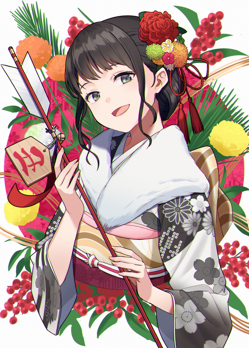 1girl :d arrow_(projectile) bell black_hair commentary_request cropped_torso ema floral_print flower grey_eyes hair_flower hair_ornament hamaya head_tilt highres holding holding_arrow hyuuga_azuri japanese_clothes jingle_bell kimono long_sleeves looking_at_viewer new_year obi open_mouth original print_kimono red_flower sash sidelocks smile solo upper_body white_background wide_sleeves
