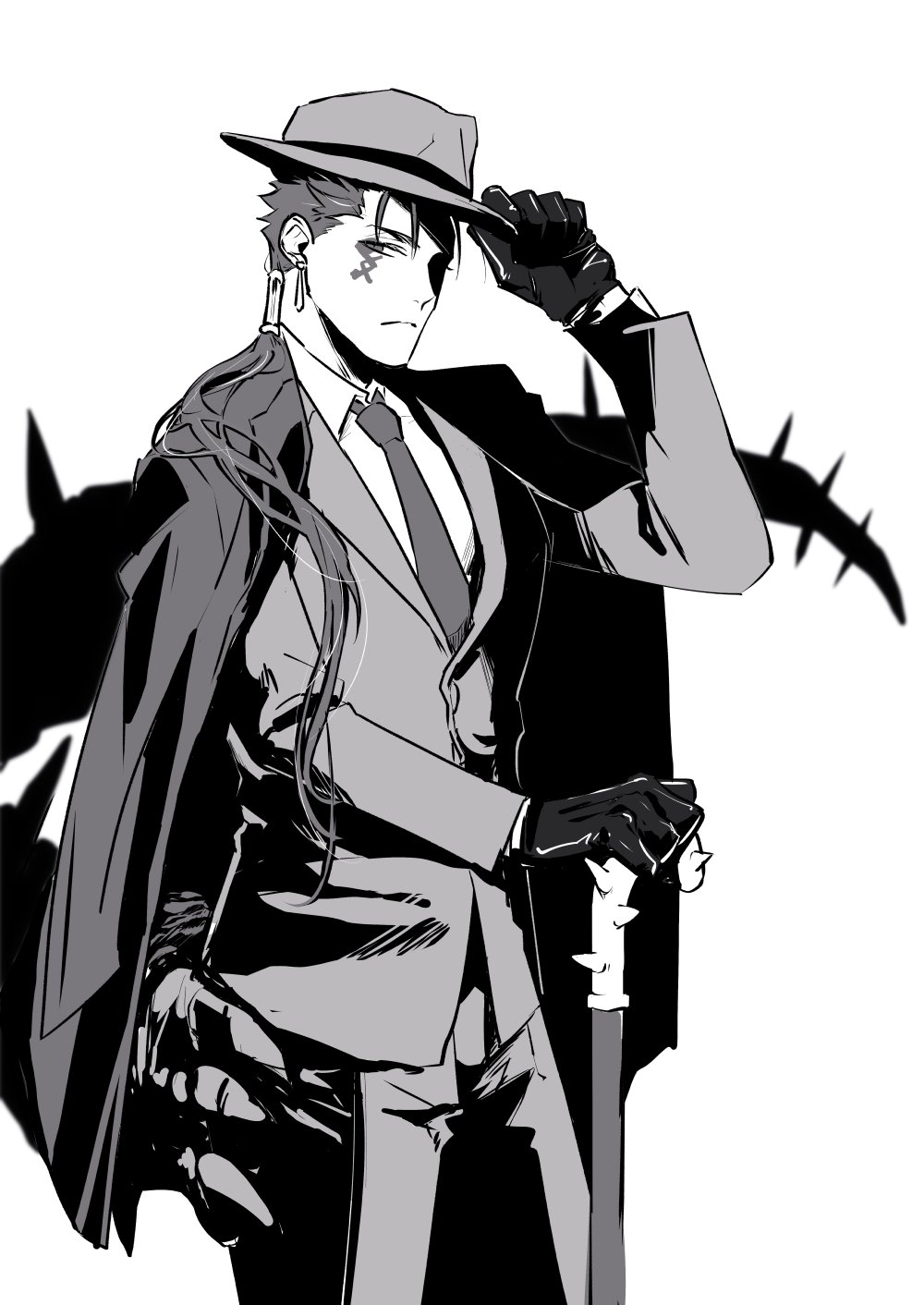 1boy alternate_costume beads cane collared_shirt cowboy_shot cu_chulainn_(fate)_(all) cu_chulainn_alter_(fate/grand_order) dark_persona earrings expressionless facepaint fate/grand_order fate_(series) fedora gloves hair_beads hair_ornament hat heroic_spirit_formal_dress highres holding holding_cane jacket jewelry long_hair long_sleeves male_focus monochrome necktie numawama ponytail shirt simple_background solo spikes spiky_hair tail type-moon white_background