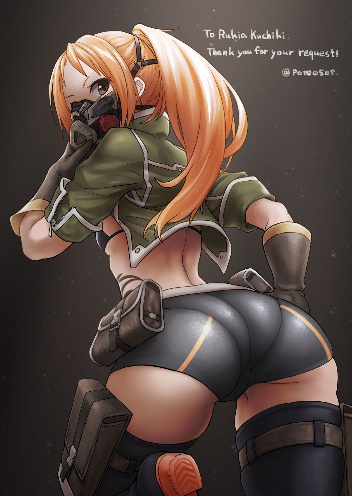 1girl ass bike_shorts bikini bikini_top black_bikini black_legwear black_shorts breasts code_vein commission cropped_jacket from_behind gas_mask gloves green_jacket grey_eyes highres jacket long_hair looking_at_viewer looking_back mask murasame_rin_(code_vein) orange_hair pote0508 shorts skeb_commission small_breasts solo standing swimsuit tattoo thigh-highs tribal_tattoo