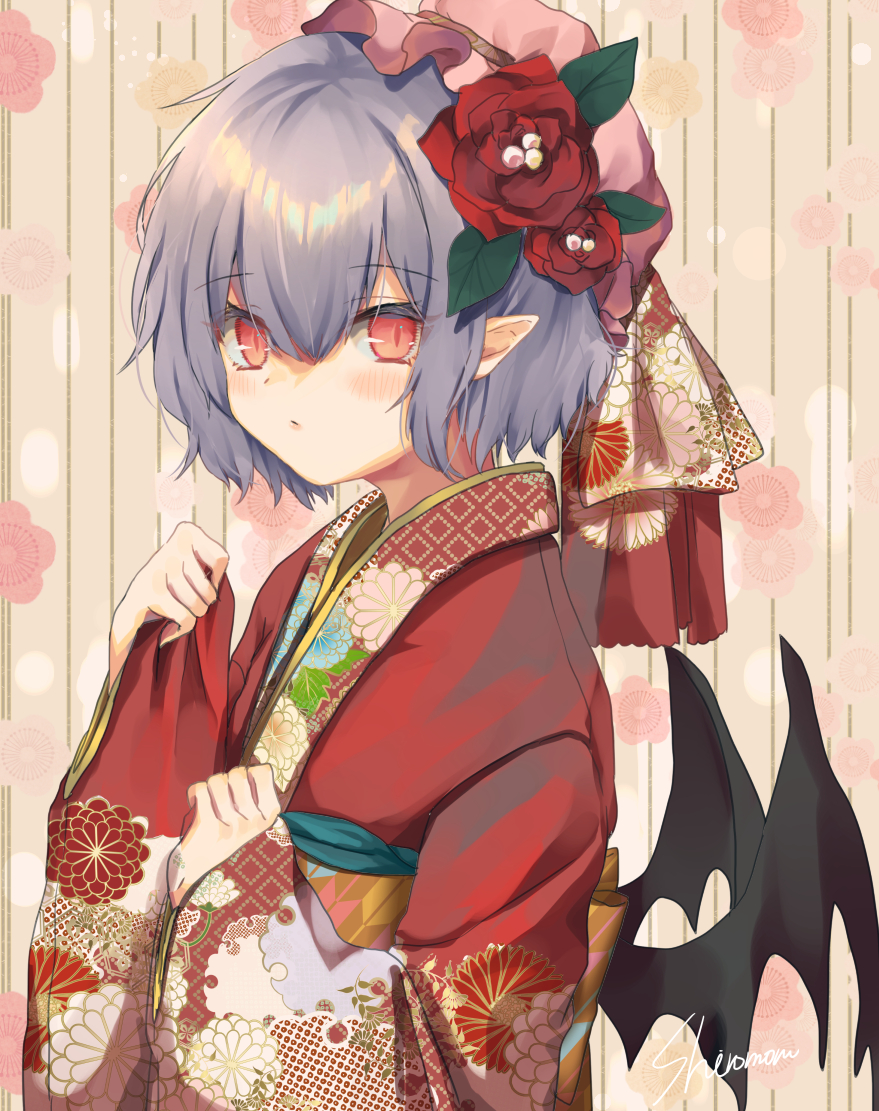 1girl :/ alternate_costume bangs bat_wings blush commentary_request eyebrows_visible_through_hair floral_print flower hair_between_eyes hair_flower hair_ornament hat japanese_clothes kimono looking_at_viewer mob_cap obi parted_lips pink_eyes pink_headwear pointy_ears purple_hair red_kimono remilia_scarlet rose sash shiromoru_(yozakura_rety) short_hair signature slit_pupils solo touhou upper_body wide_sleeves wings