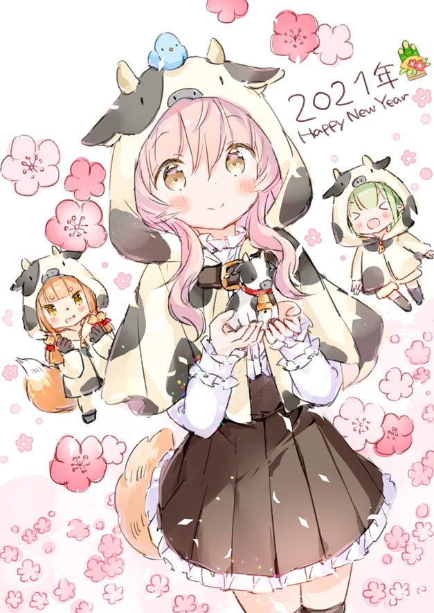 &gt;_&lt; 2021 3girls :d animal_ears animal_print bangs black_legwear black_skirt blush brown_eyes brown_hair capelet chibi chinese_zodiac closed_eyes closed_mouth commentary_request cow cow_ears cow_hood cow_horns cow_print eyebrows_visible_through_hair fake_animal_ears fake_horns floral_background fox_tail frilled_skirt frills green_hair hair_between_eyes happy_new_year holding hood hooded_capelet hooded_jacket horns jacket long_sleeves multiple_girls new_year open_mouth original pink_hair pleated_skirt print_capelet shirt short_eyebrows skirt sleeves_past_wrists smile tail thick_eyebrows thigh-highs wataame27 white_background white_capelet white_shirt wolf-chan_(wataame27) wolf_tail xd year_of_the_ox