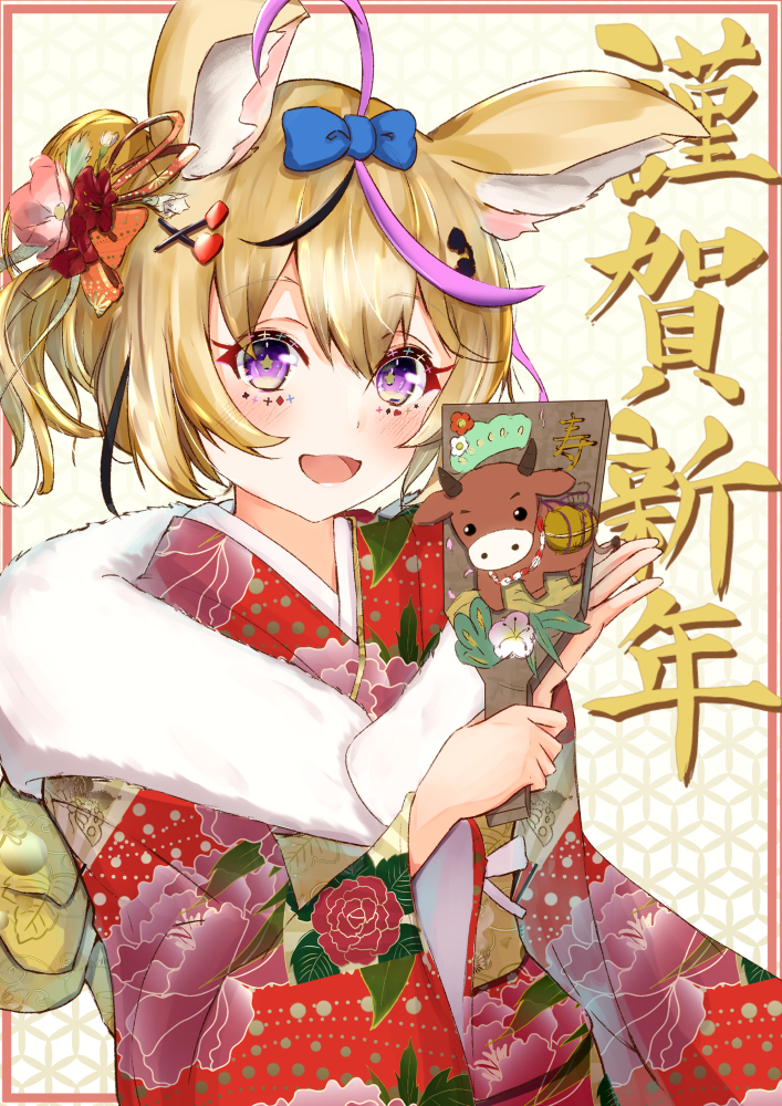 1girl akeome alternate_costume alternate_headwear animal_ears arms_up blonde_hair blush border commentary_request cow eyebrows_visible_through_hair facial_mark floral_print flower fox_ears fur_scarf furisode gradient gradient_background hagoita hair_between_eyes hair_flower hair_ornament hair_ribbon happy_new_year holding_paddle hololive japanese_clothes kimono new_year omaru_polka open_mouth paddle patterned_background red_border red_kimono ribbon rinsu_(rins10215) short_hair solo standing star-shaped_pupils star_(symbol) symbol-shaped_pupils upper_body violet_eyes virtual_youtuber