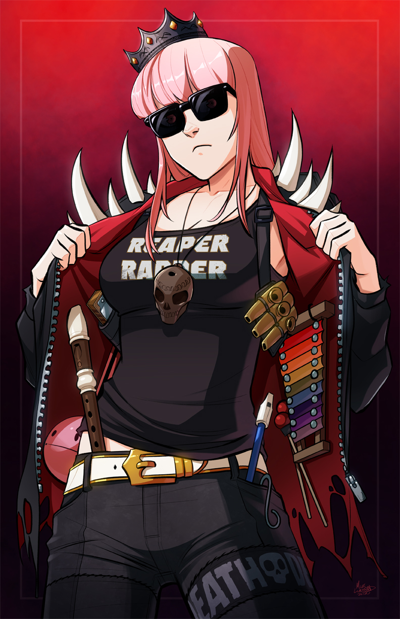 1girl alternate_costume belt belt_buckle buckle clothes_writing crown flute highres hololive hololive_english instrument jacket leather leather_jacket long_hair m._lee_lunsford mori_calliope pink_hair recorder skull solo sunglasses tilted_headwear xylophone