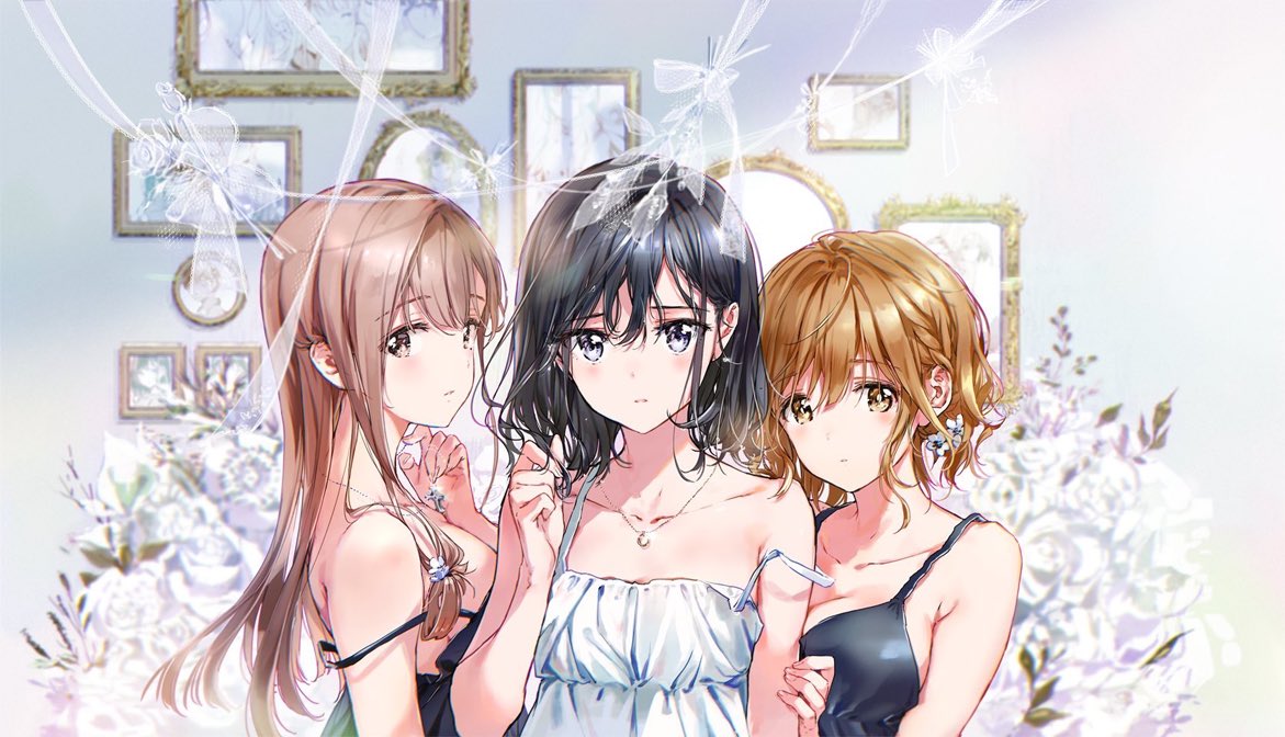 3girls arm_grab black_dress black_eyes black_hair blue_flower blurry blurry_background blush braid brown_eyes brown_hair closed_mouth commentary_request cross cross_necklace depth_of_field dress english_commentary eyebrows_visible_through_hair flower from_side hair_flower hair_ornament hand_in_hair indoors jewelry light_frown long_sleeves looking_at_viewer medium_hair multiple_girls necklace original picture_frame rose short_hair side-by-side strap_slip tiv white_dress white_flower white_rose