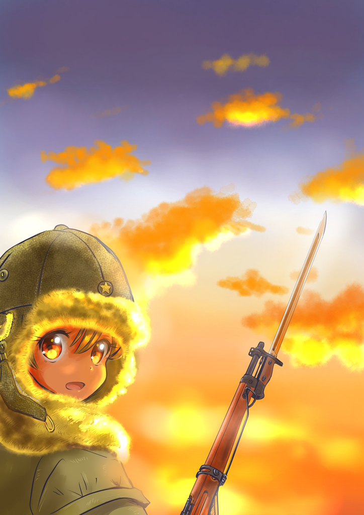 1girl arisaka bayonet bolt_action brown_eyes brown_hair clouds from_behind fur-trimmed_headwear fur-trimmed_jacket fur_trim gun hat imperial_japanese_army jacket looking_at_viewer looking_back m_tap military military_uniform open_mouth original rifle sky smile soldier sunset uniform upper_body weapon winter_clothes winter_uniform world_war_ii