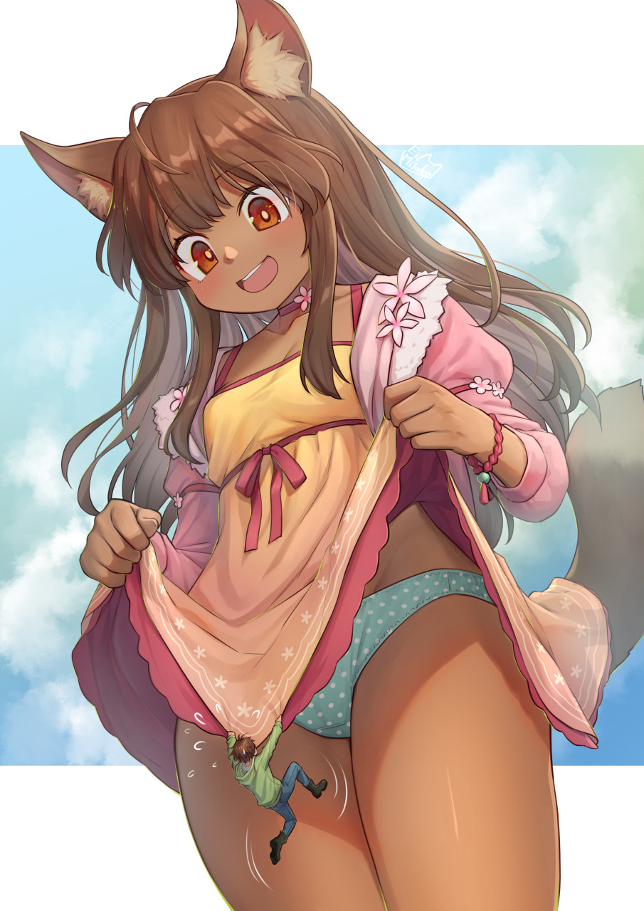 1boy 1girl animal_ear_fluff animal_ears breasts brown_eyes brown_hair commentary_request commission dark_skin dark-skinned_female eyebrows_visible_through_hair giant giantess green_jacket happy highres jacket long_hair long_sleeves mitake_eil open_mouth panties polka_dot polka_dot_panties size_difference skeb_commission skirt skirt_lift small_breasts smile tail tan underwear