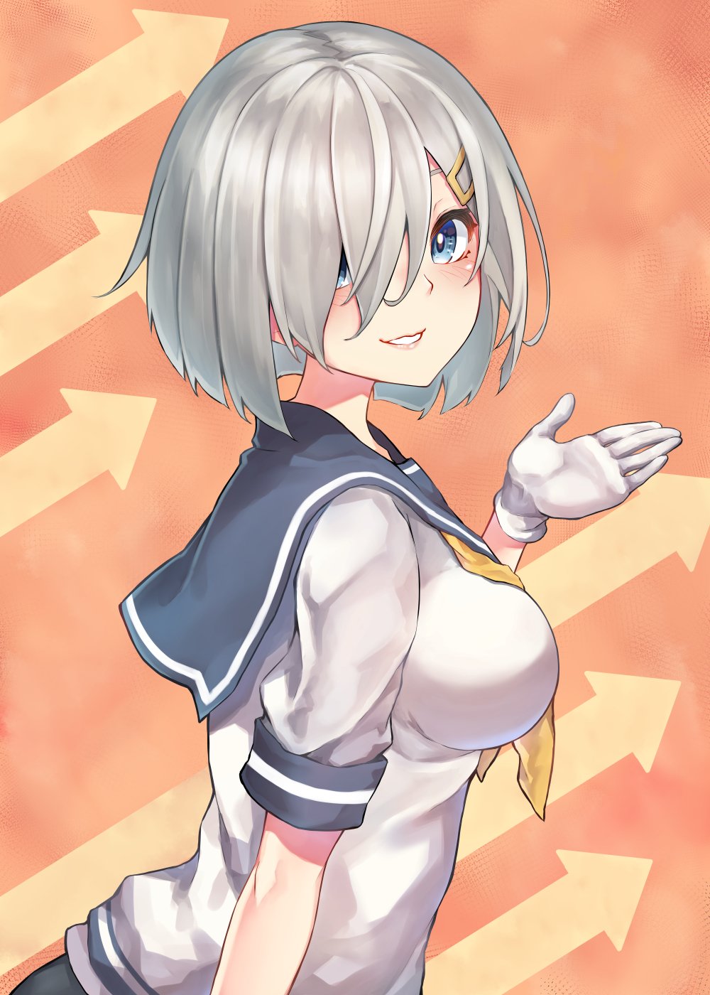 1girl arrow_(symbol) blue_eyes blue_sailor_collar breasts gloves hair_ornament hair_over_one_eye hairclip hamakaze_(kantai_collection) highres kamidanomi kantai_collection large_breasts neckerchief orange_background parted_lips sailor_collar school_uniform serafuku short_hair silver_hair smile solo upper_body white_gloves yellow_neckwear