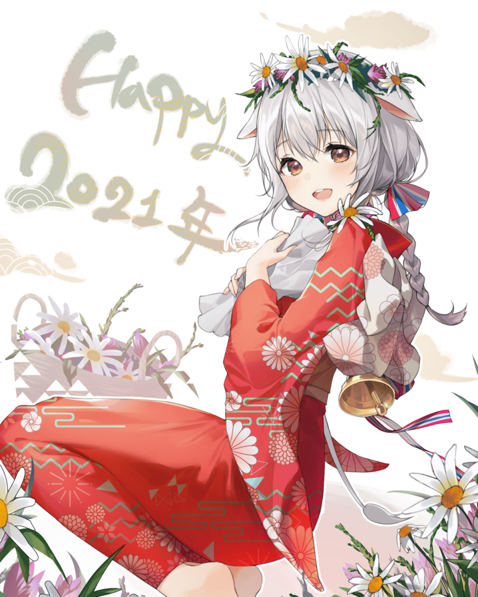 1girl 2021 alpha_(ypalpha79) animal_ears barefoot bell blush bouquet braid brown_eyes chinese_zodiac commentary cow_ears cow_girl cow_tail dutch_angle english_commentary flower flower_wreath from_side hair_flower hair_ornament happy_new_year highres holding holding_bouquet japanese_clothes kimono kneeling long_hair long_sleeves looking_at_viewer looking_to_the_side new_year original red_kimono silver_hair single_braid solo tail unmoving_pattern white_flower wide_sleeves year_of_the_ox